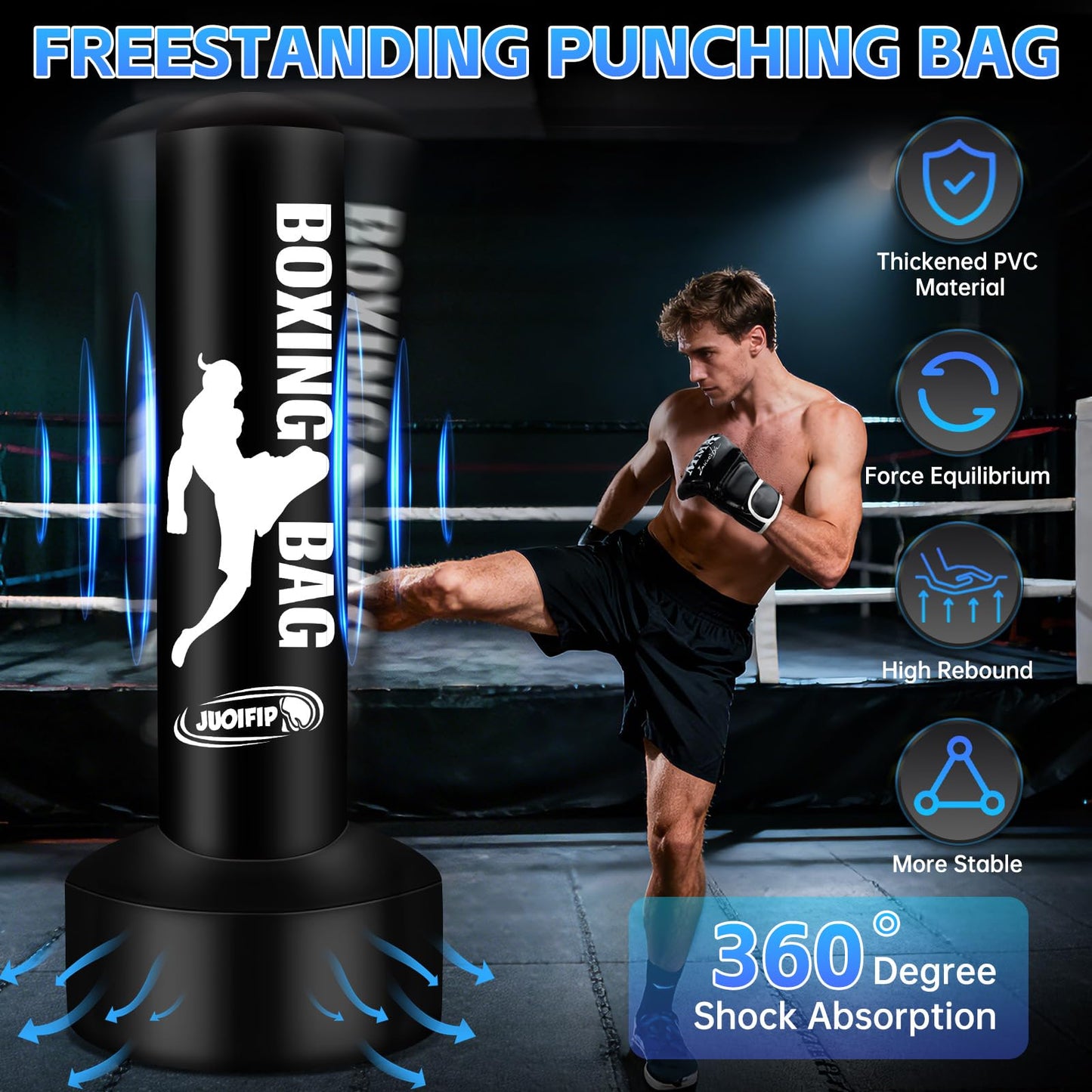 Standing Punching Bag for Adults, Boxing Bag with Stand for Stress Relief & Home Gym, Kicking Bag for MMA Training, Includes Boxing Gloves, Electric Air Pump, Grip Trainer, Jump Rope & Band