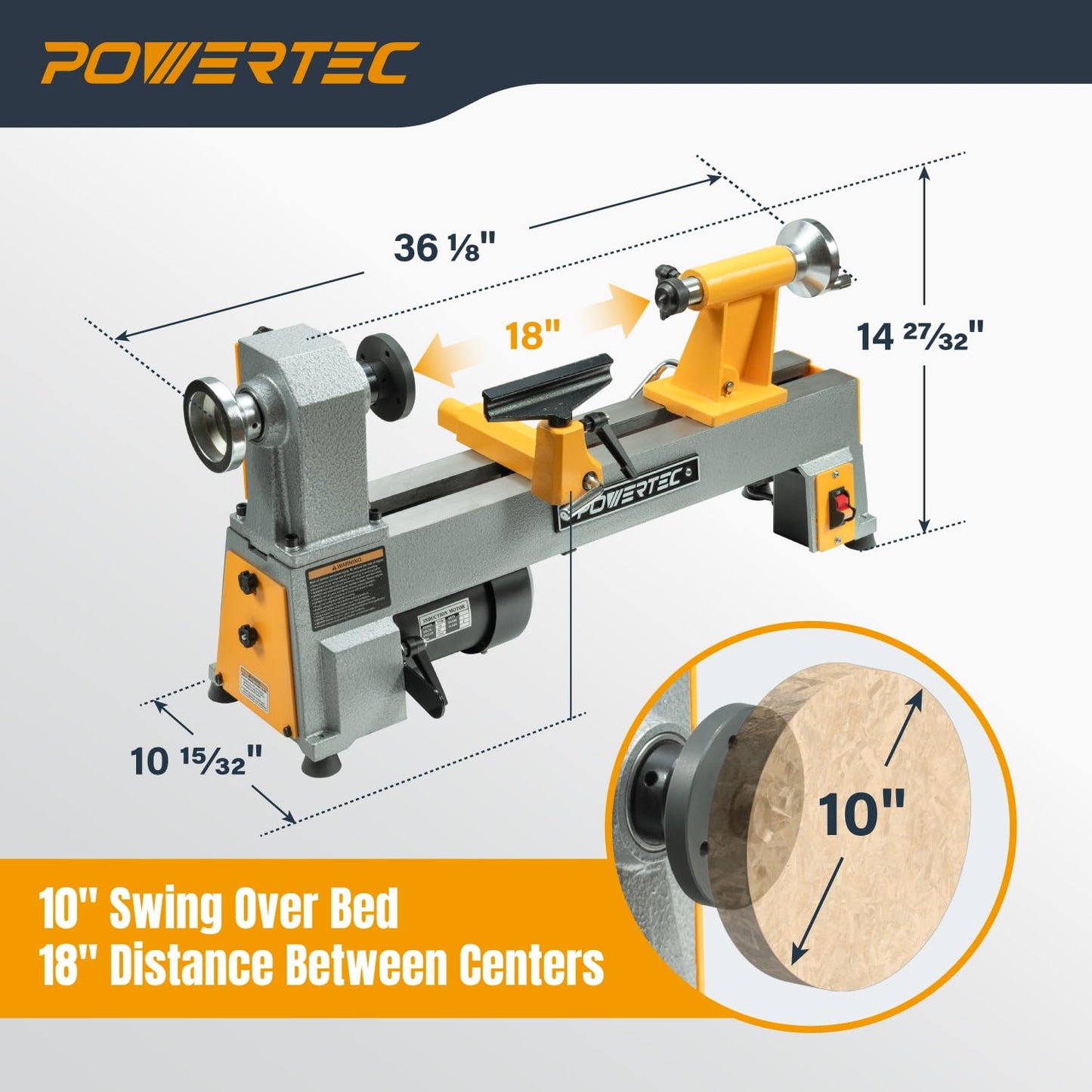 POWERTEC 10" x 18" Benchtop Mini Wood Lathe – 1/2HP, 5-Speed Cast Iron Lathe with MT2 Taper for Turning Pens, Bowls, Spindles, and DIY Wood Projects (LT1018)