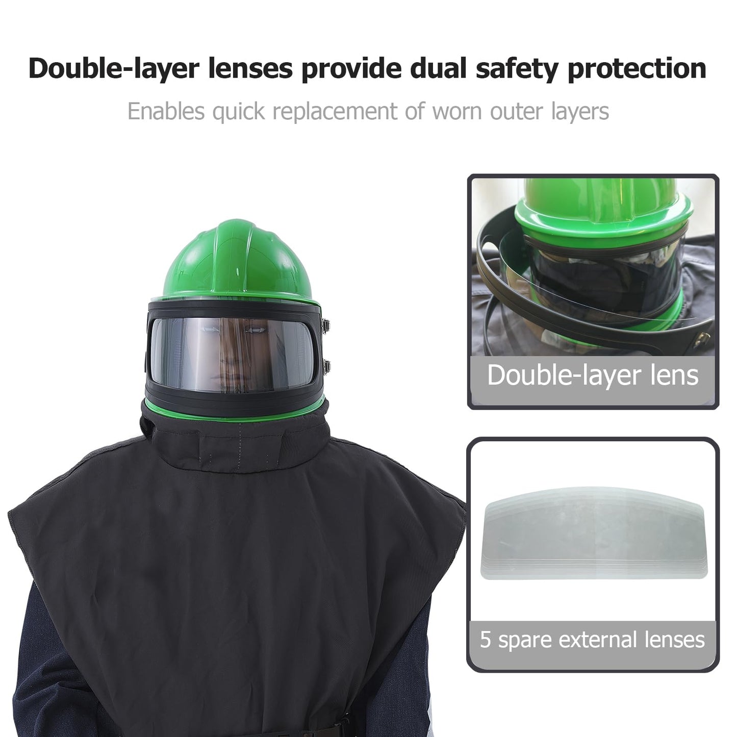 Professional Green Sandblasting Hood 5 Replaceable Lenses, Dustproof Sandblaster Helmet, Fits Protective Suits Ideal for Sandblasting, Spraying, Grinding, Cutting, DIY Painting, Wood