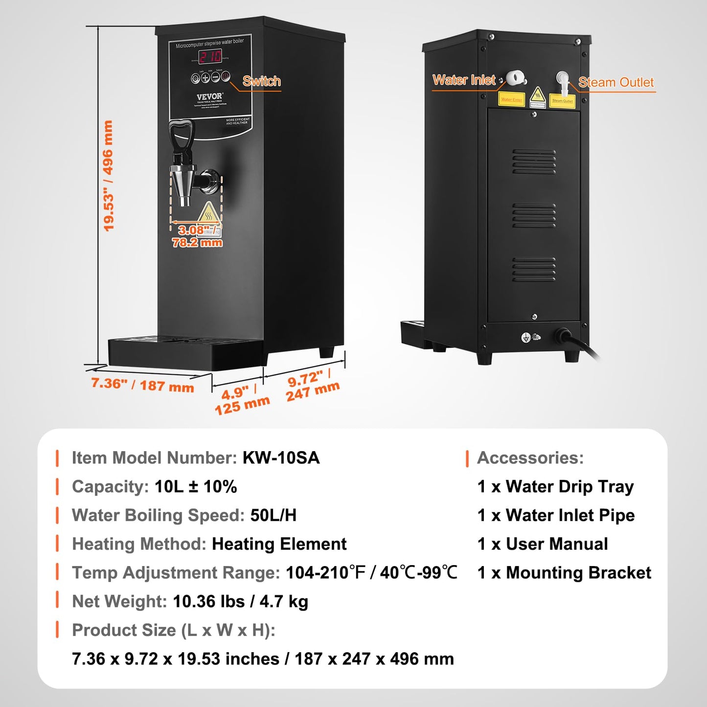 VEVOR Commercial Water Boiler, 10L Electric Hot Water Dispenser with 316 Stainless Steel Heating Tube, 1500W Step-by-step Fast Heating 50L/H Hot Water Boiler, for Coffee Tea Restaurant Office