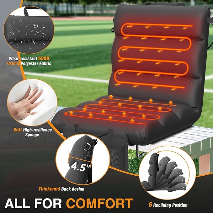 HOPERAN Heated Stadium Seats for Bleachers with Back Support - 3 Levels Bleacher Chairs with Back and Cushion, Wide & Soft Thick Padded Bleacher Seats, Stadium Chairs for Outdoor Sports Games