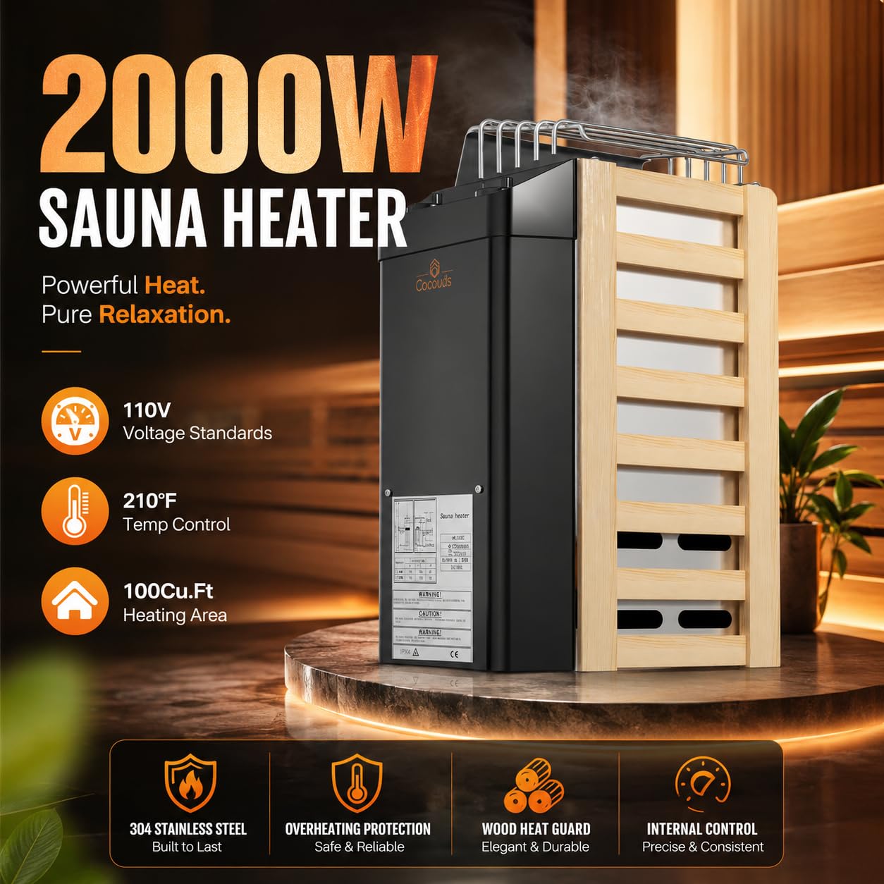 2KW 110V Sauna Heater with Plug, No Need for Wiring, Plug and Play, 100 Cu.Ft. Heated Area, Electric Sauna Heater with 3h Timera and Internal Temperature Control, Suitable for Small Sauna Rooms