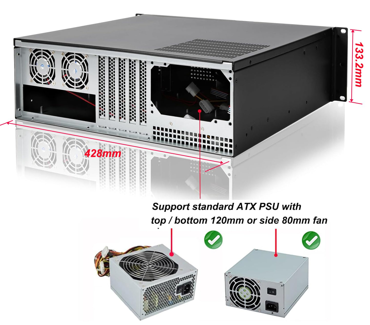 RackChoice 3U Rackmount Server Chassis ATX/Micro ATX/Mini-ITX (8x3.5 or 6x3.5+2x2.5,with Front 3x120mm Fan Support Standard ATX PSU or SFX PSU (Using the ATX to SFX Bracket with Chassis)