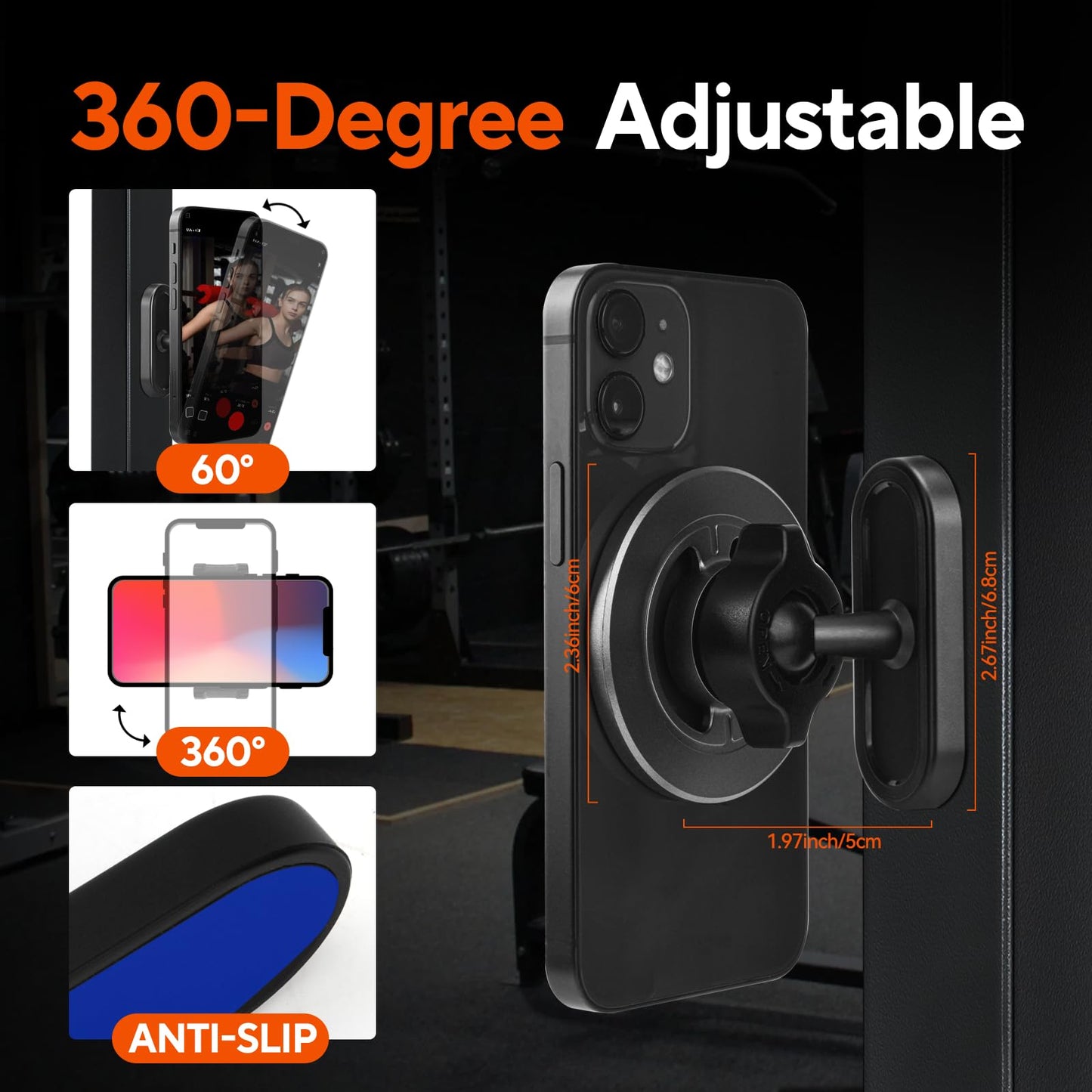 HOYXUN Gym Magnetic Phone Holder with Magnet Base Attach to Metal Surface, 360° Rotatable Gym Phone Holder Magnet Mount for Workout Recording, Compatible with MagSafe iPhone 17-12