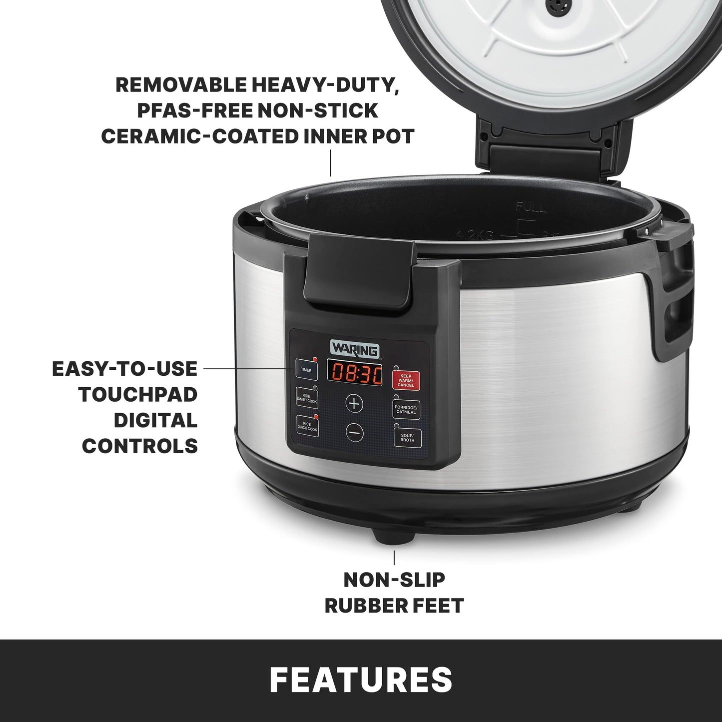 Waring Commercial Rice Cooker, 60-Cup Cooked (30-Cup Raw) Capacity, PFAS-Free Ceramic Inner Pot, Keeps Warm for 8 Hours, Double-Wall Stainless Steel Construction, Restaurants & Catering, WRC60