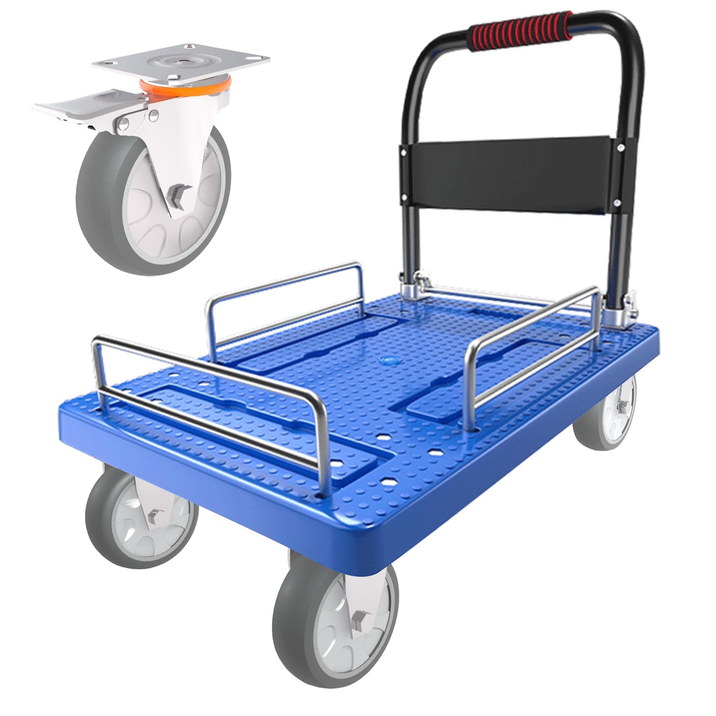 Heavy Duty Platform Truck Cart with Brake Wheels & Foldable Fences 1300lbs Capacity Flatbed Cart for Moving and Transport 36"x24" Moving Dolly for Warehouse/Industrial/Home, Blue