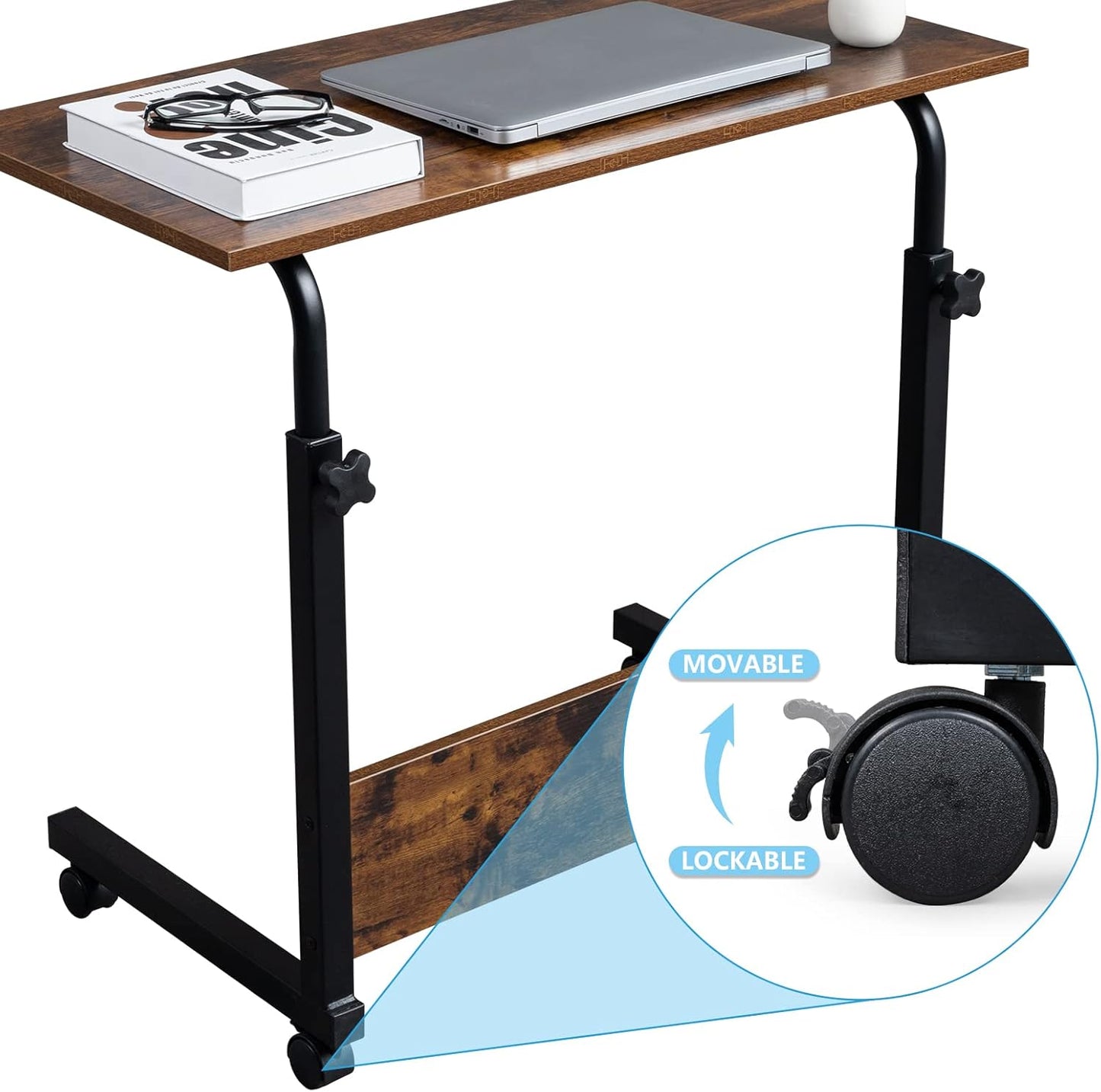 31.49 15.74 27.16-37.79 Mobile Side Table, Mobile Laptop Desk Cart, Adjustable Over Bed Table with Wheels for Sofa