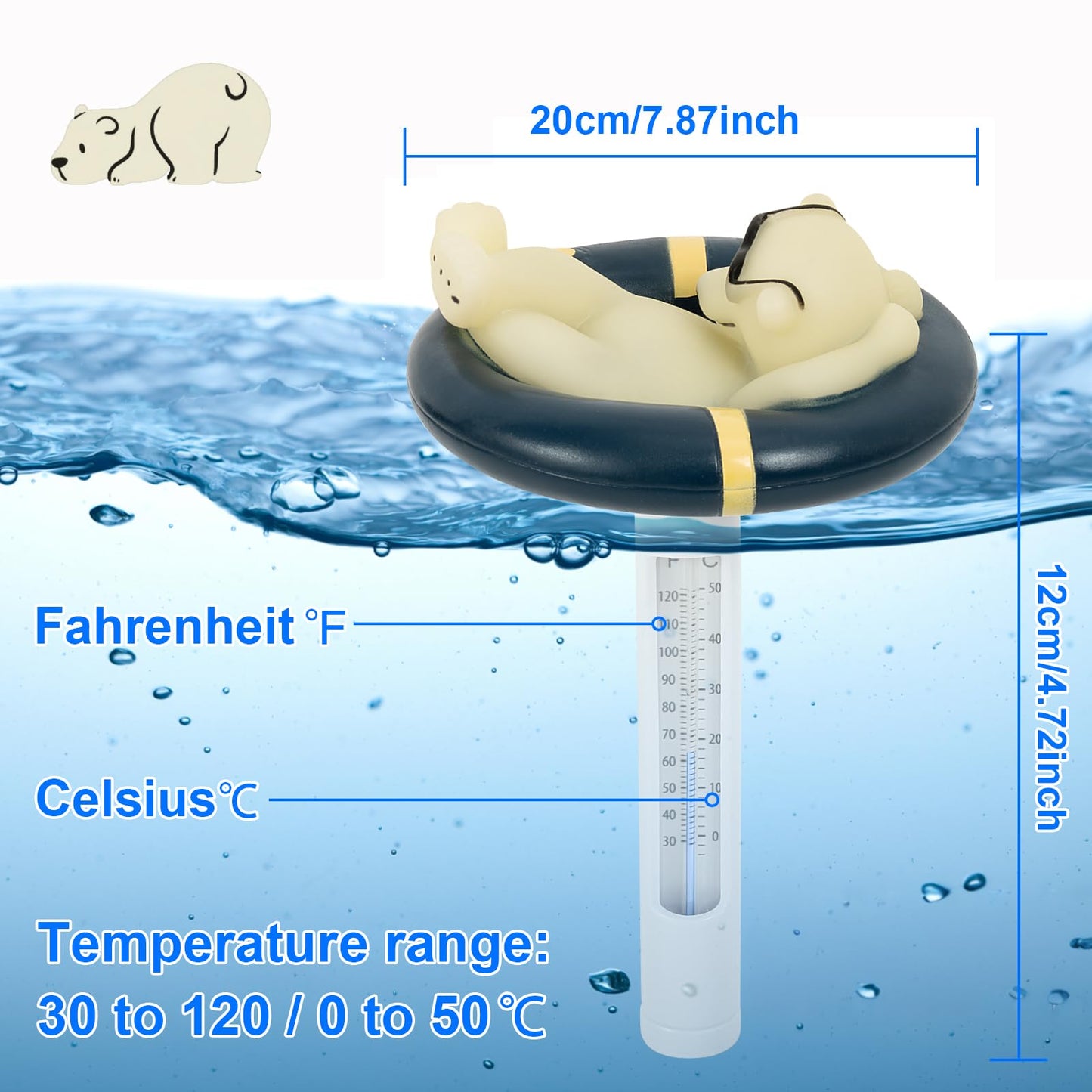 Pool Thermometer Floating Easy Read, Leisurely Polar Bear Water Thermometer for Ice Bath with String, for Outdoor & Indoor Swimming Pools, Spas, Hot Tubs & Aquariums