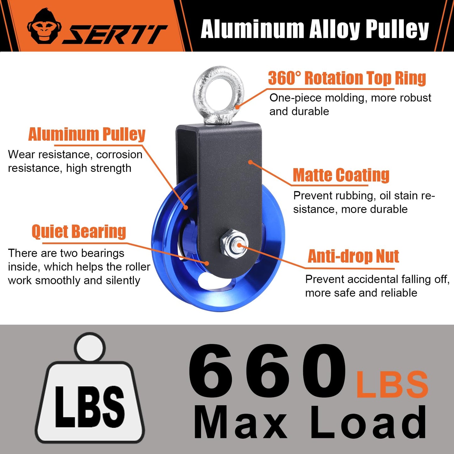 SERTT [1 Pack] Cable Pulley Wheel for Home Gym Pulley System, Upgraded 90mm Aluminium Alloy Gym Pulley for Maximum 660LBS Load