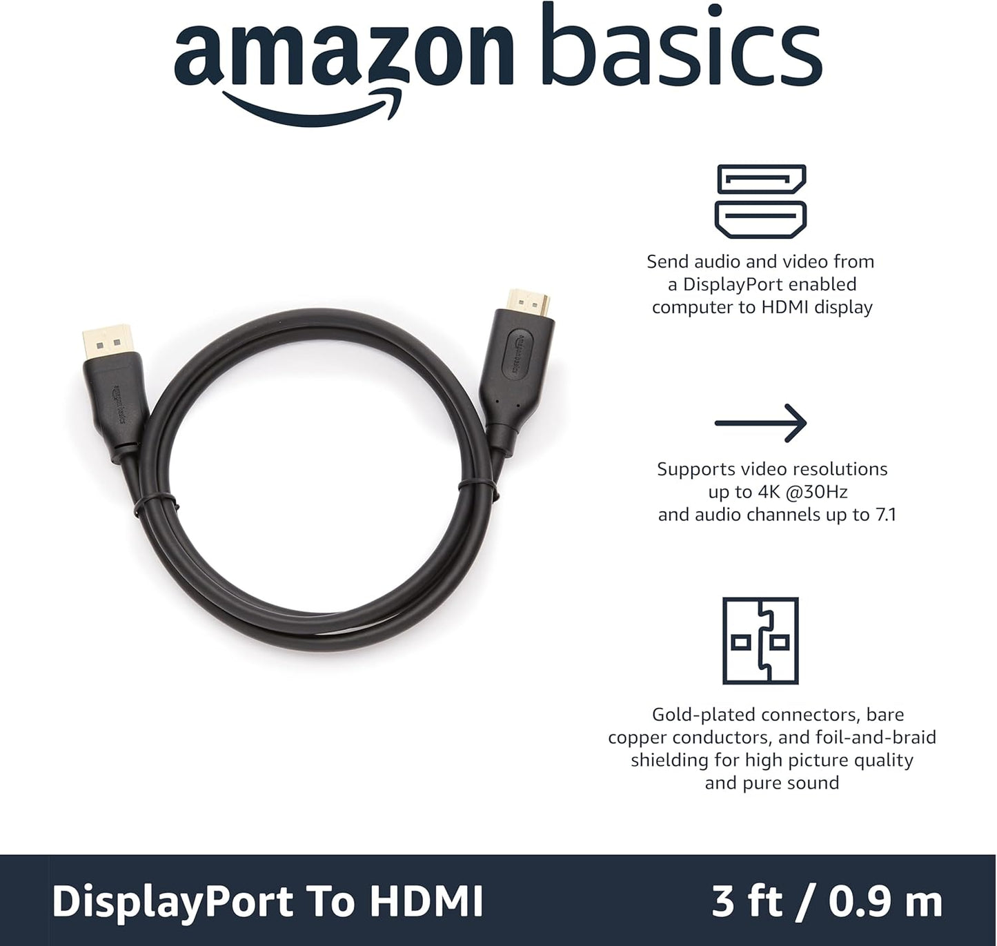 3 Amazon Basics DisplayPort to HDMI Cable, Uni-Directional, Gold-Plated, Video and Audio, Foot, Black