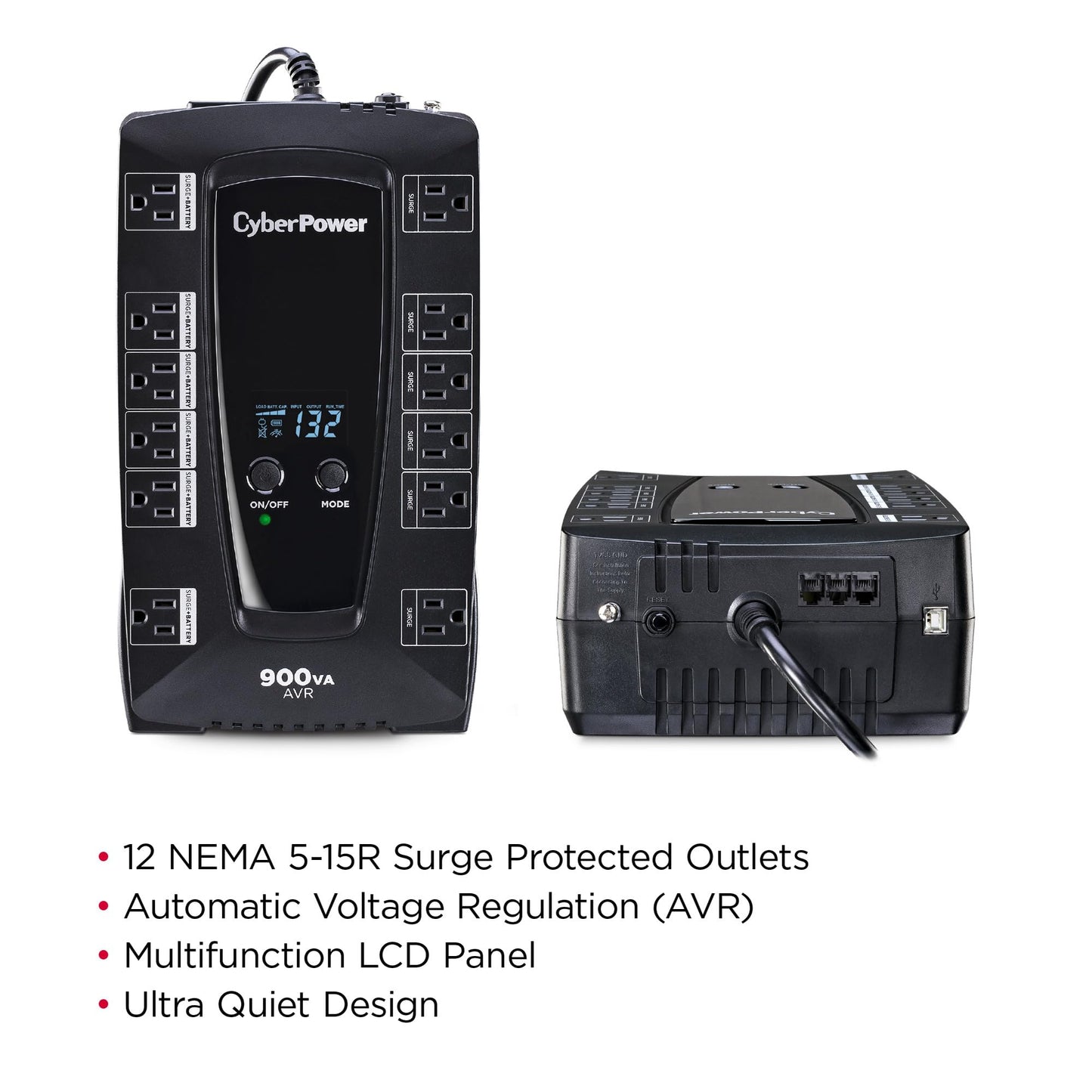 CyberPower AVRG900LCD Intelligent LCD UPS Battery Backup and Surge Protector, 900VA/480W, 12 Outlets, AVR, Compact, UL Certified