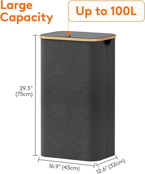 Lifewit 100L Laundry Basket - Foldable Hamper with Lid & Bamboo Handles | Dark Gray, 2 Removable Bags