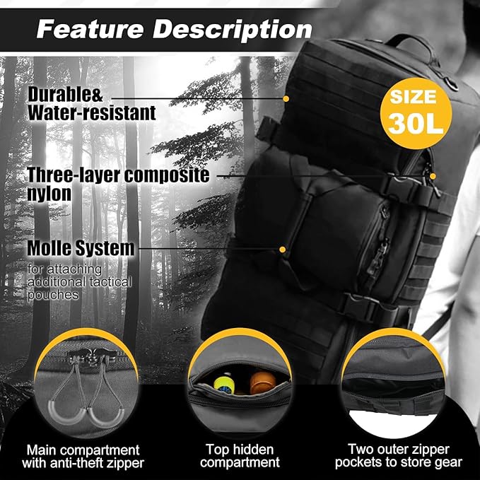 3 In 1 Tactical 30L Military Backpack Travel Duffle Bag for Weekender Gym Workout Deployment