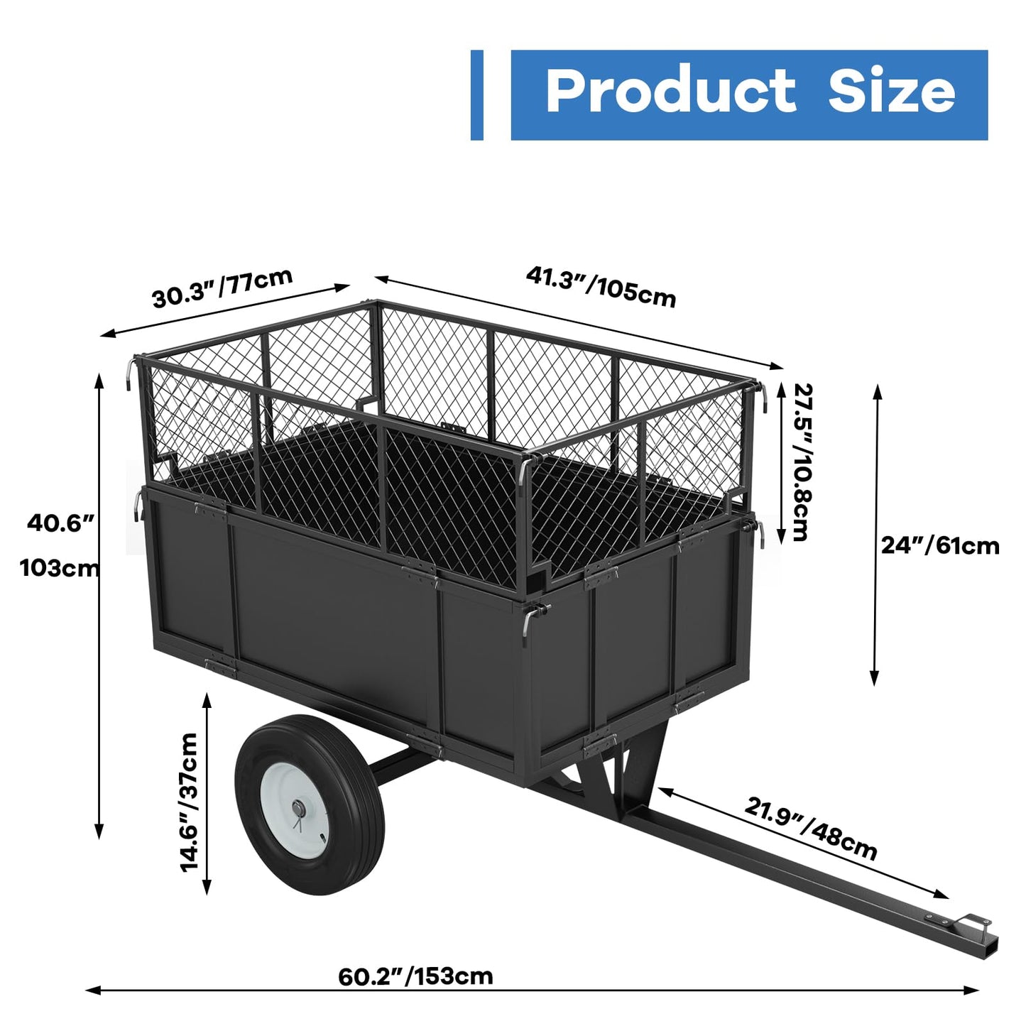 17 Cu.ft Heavy-Duty Steel Dump Trailer Cart, 750 Lb Capacity Tow-Behind Utility Trailer with Removable Mesh Sides & Pneumatic Tires for ATV, UTV, Lawn Tractor, Yard & Farm Hauling, Black