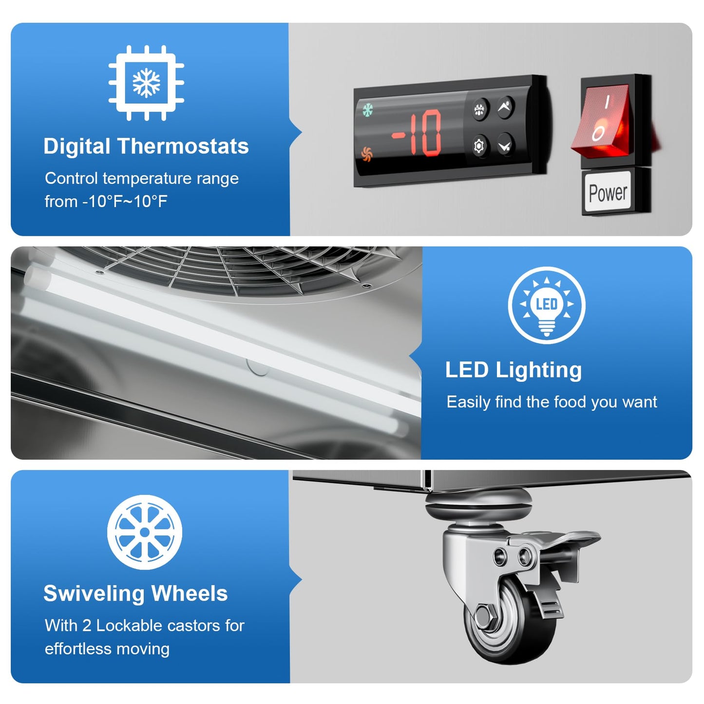 54"W 2 Door Commercial Freezer with LED Light, Stainless Steel Fan Cooling 49 Cu.ft Upright Freezer for Restaurant Bar Shop -8℉ ~ -1℉ Reach-in Freezers