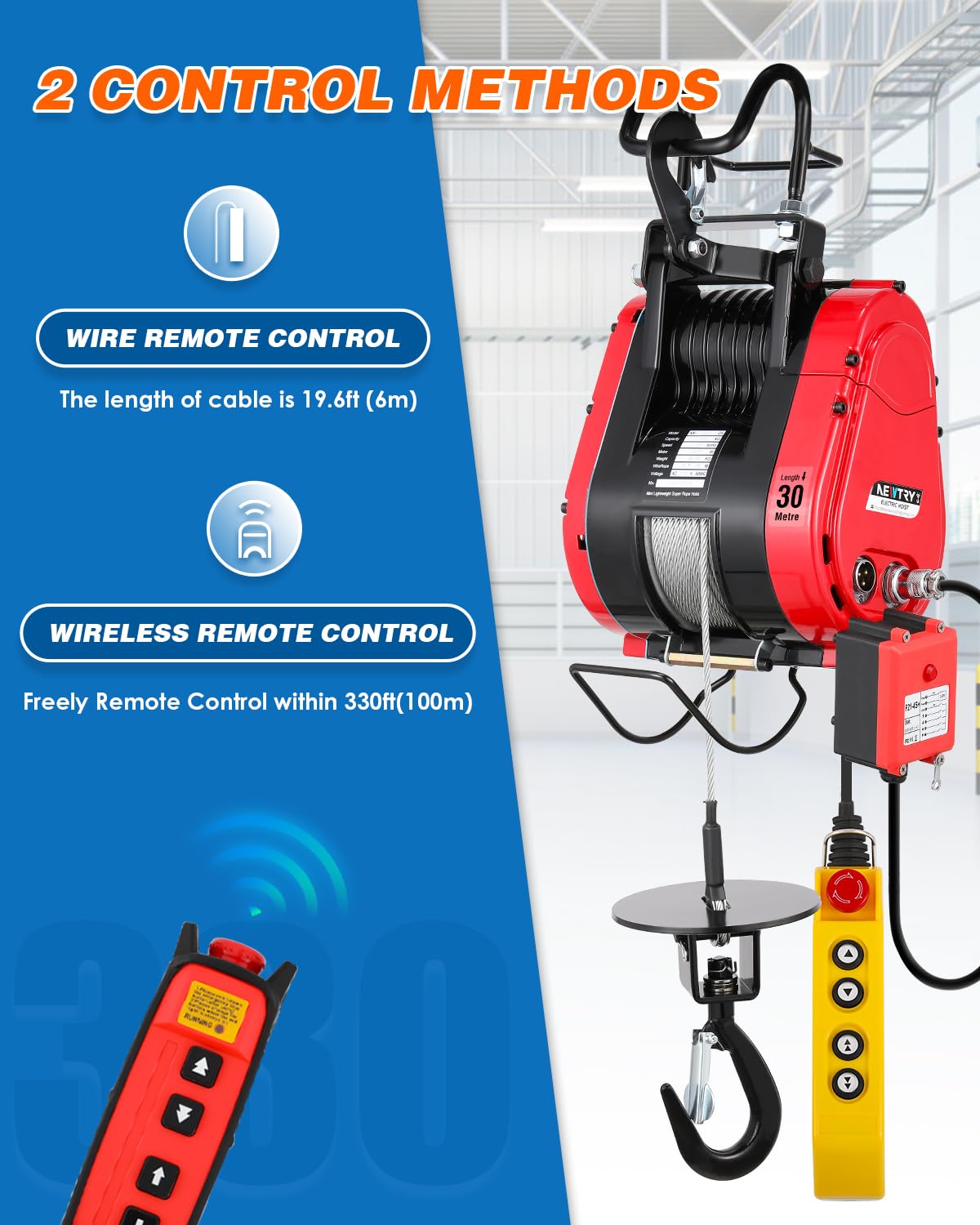 NEWTRY 2-Speed Fast Electric Hoist, 770lb Capacity with 95ft Lifting Height, 1500W Brushless Motor, Wired & Wireless Remote Control w/Emergency Stop, Perfect for Garage, Workshop 110V