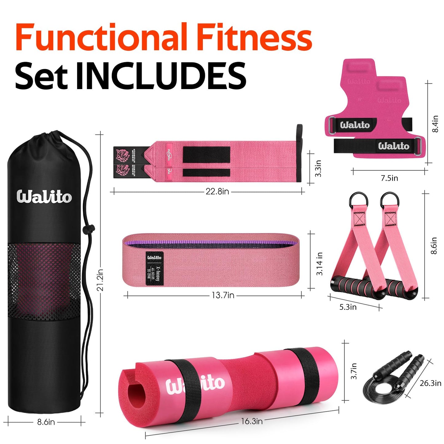 WALITO Barbell Squat Pad Set for Women, 10 Pcs Hip Thrust Gym Equipment with Exercise Handles, Wrist Wraps, Lifting Straps, Booty Band & Jump Rope, Portable Cable Machine Attachments
