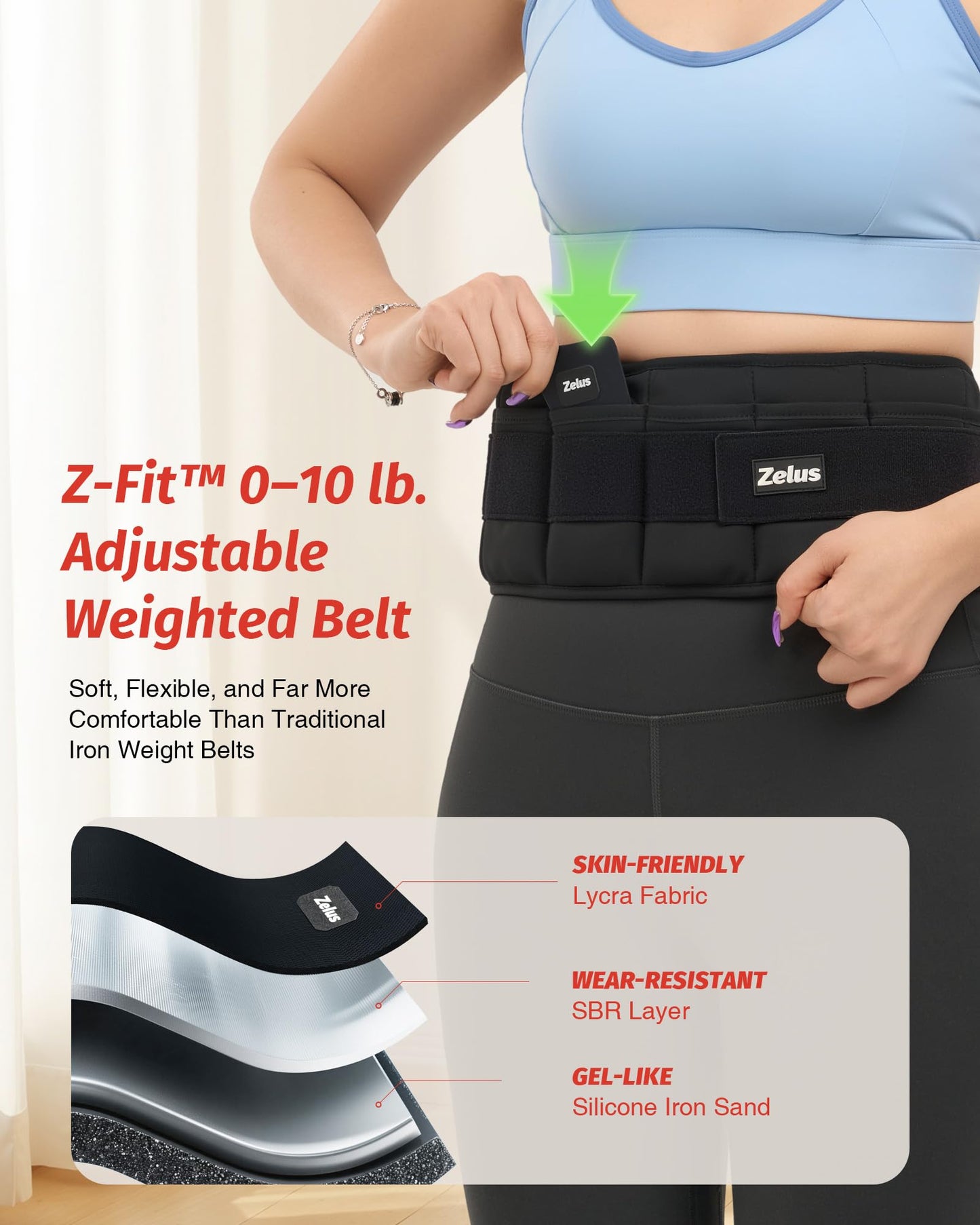 ZELUS Weighted Belt, 0-6 lb Z-Fit Adjustable Weighted Belt for Men Women with 9 Removable Silicone Soft Iron Blocks, 22.4-36.2 in Waist Adjustable Waistband for Training Walking Yoga