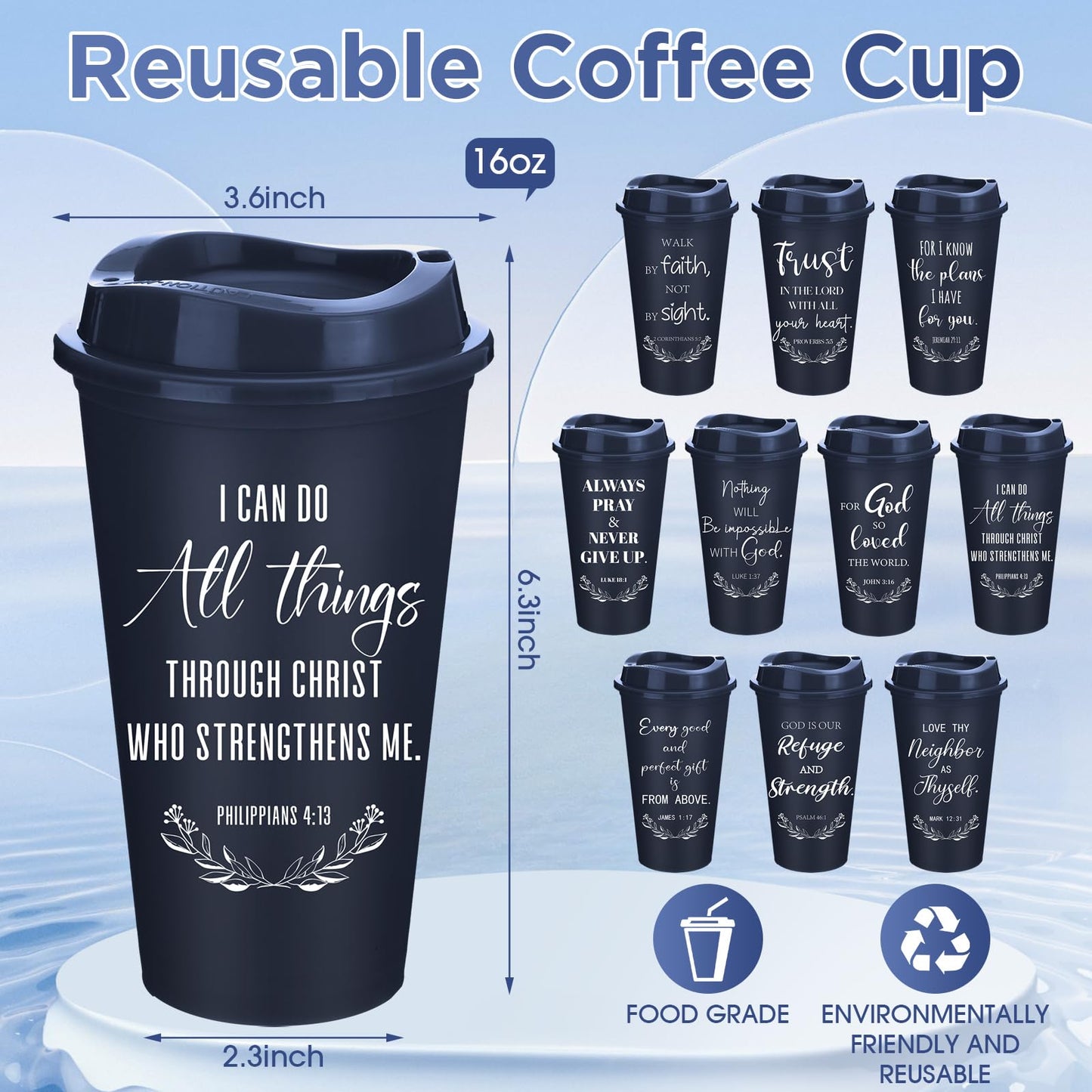Skylety 60 Pack Christian Gifts for Men Women 16oz Reusable Bible Verse Tumbler Bulk Plastic Coffee Cup with Lid Inspirational Religious Church Gift for Mother Father Birthday (Blue)