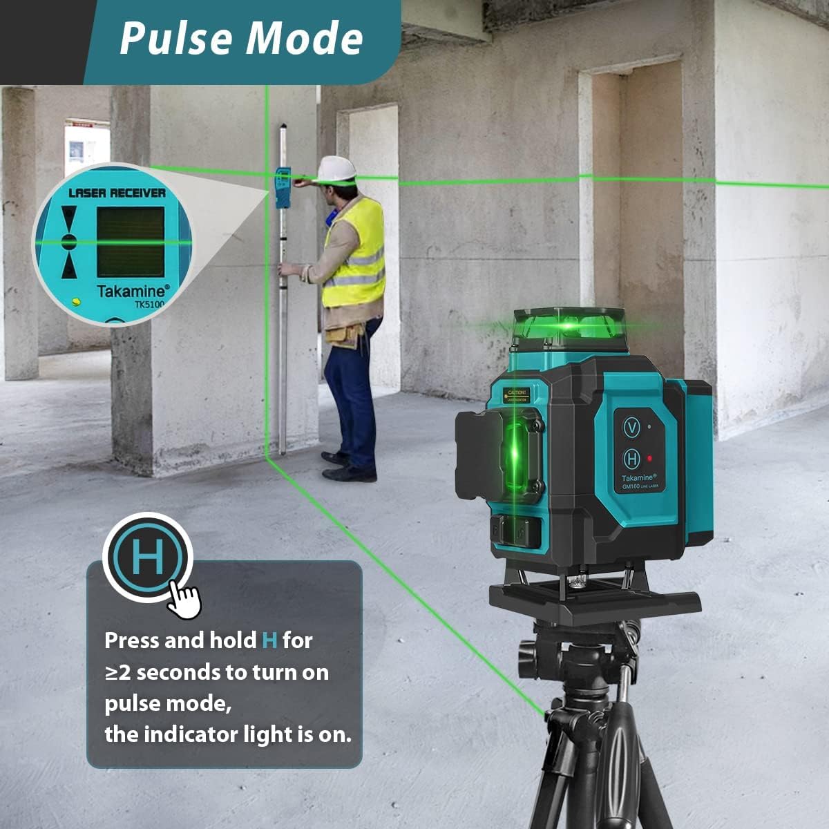 Takamine 16 Lines Green Laser Level Pro with Adjustable Telescoping Pole and an Extra Li-Ion Battery.