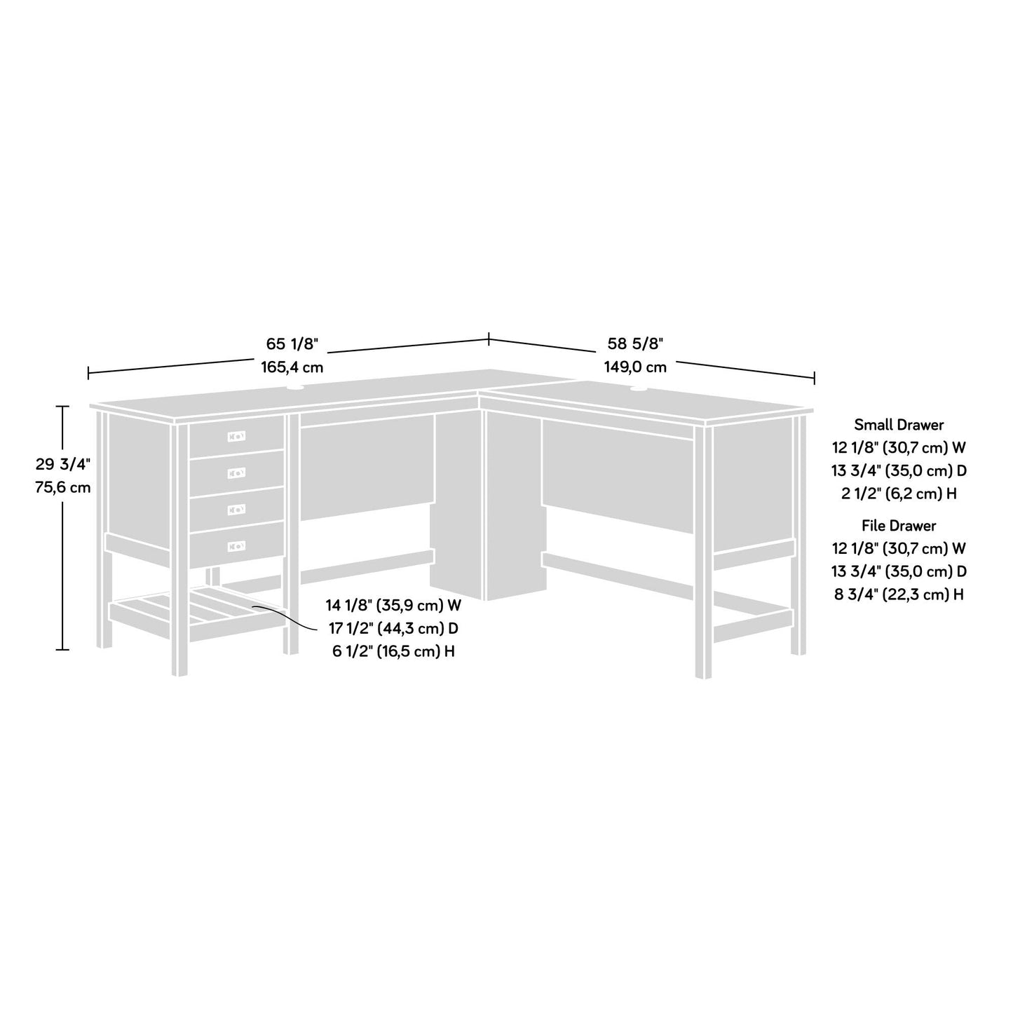 Sauder Cottage Road L Shaped Desk Computer Desk with Drawers, Home Office Desk with Optional File Cabinet Storage, Cable Management, in Soft White Finish
