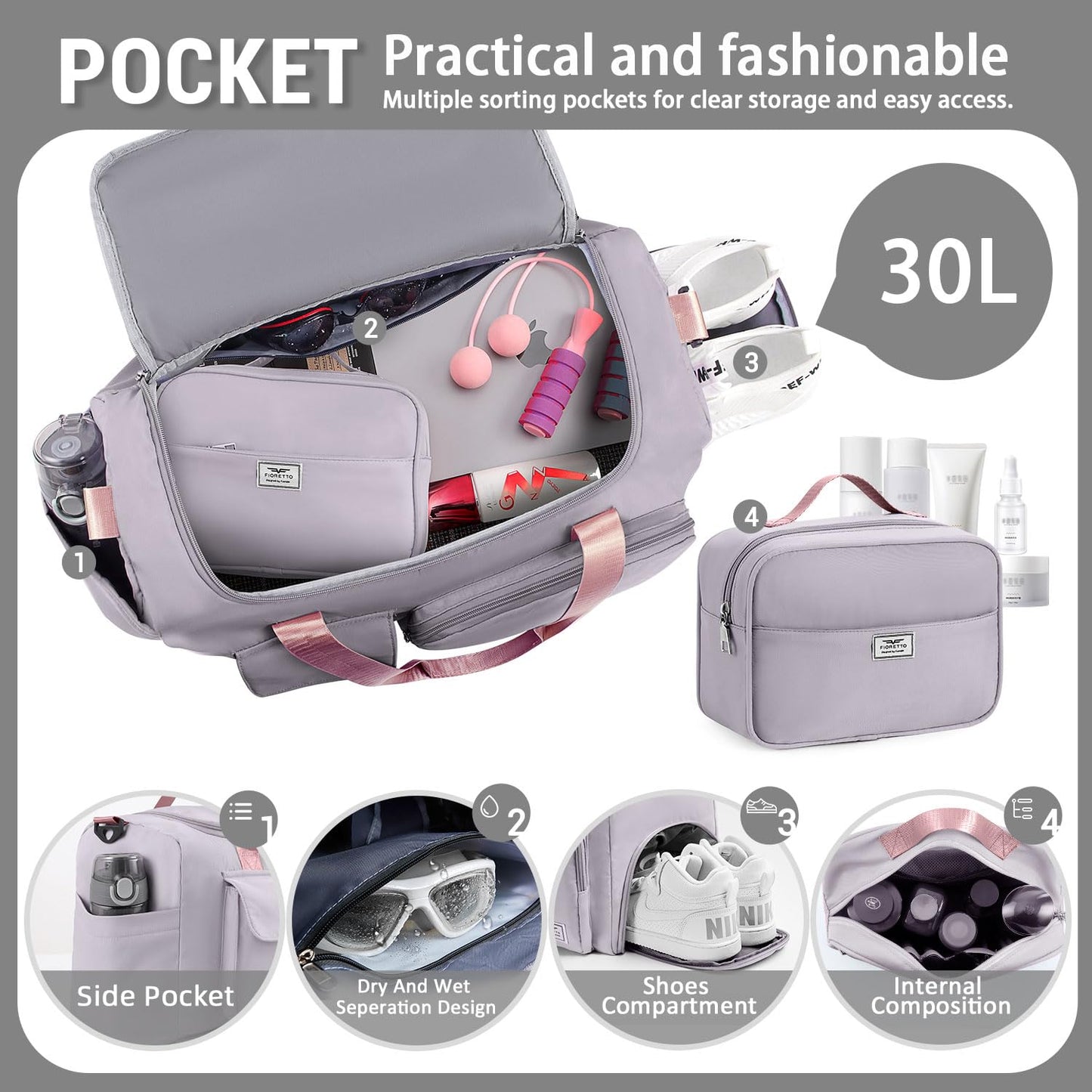 FIORETTO Women's Gym Duffle Bag with Shoes Compartment, 30L Capacity, Ideal for Travel, Gym, Sports, Duffel, Weekender, with Toiletry Bag, Grey & Pink