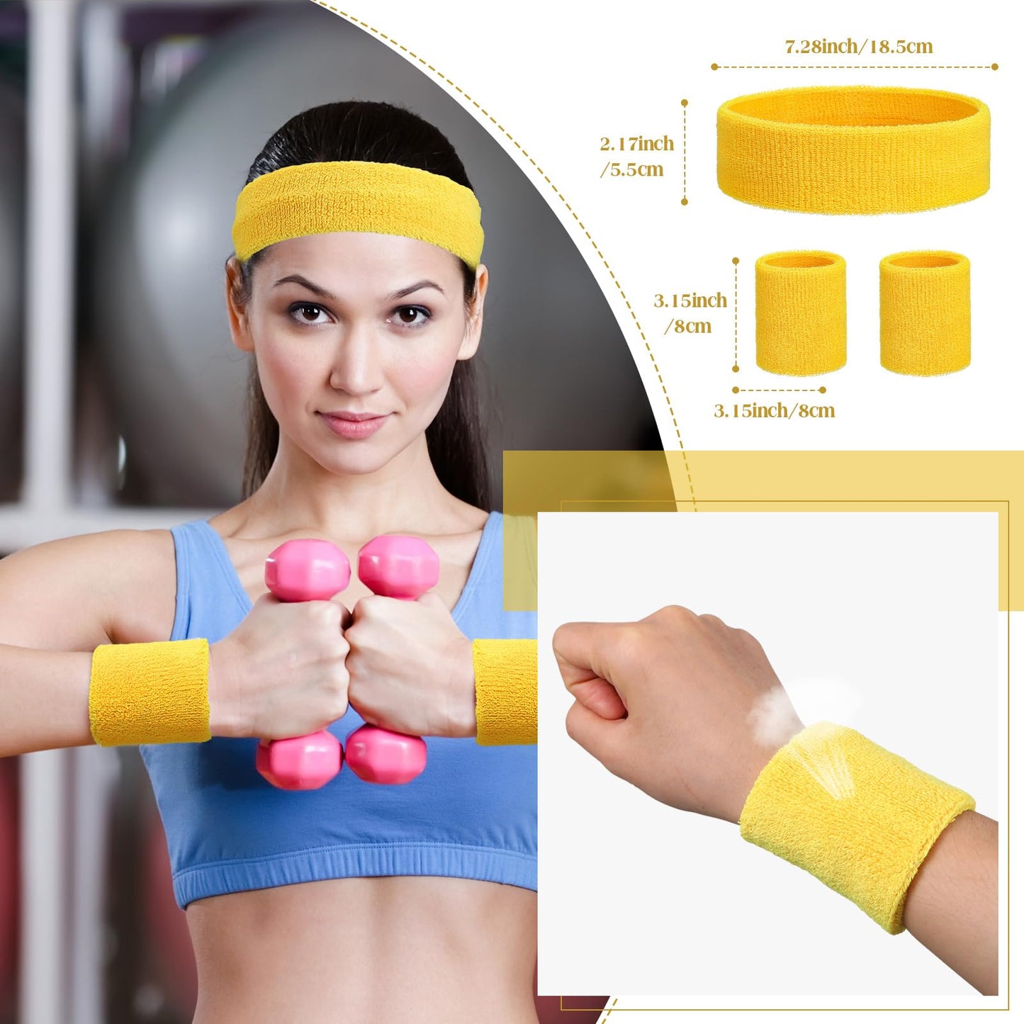 Yuxung 72 Pcs Neon Sweatbands Set for Women Tennis Wristbands Cotton Terry Cloth Sports Athletic Sweat Bands for Running Gym Basketball Workout Sports 80s 90s Costume Cosplay Party (Neon Yellow)