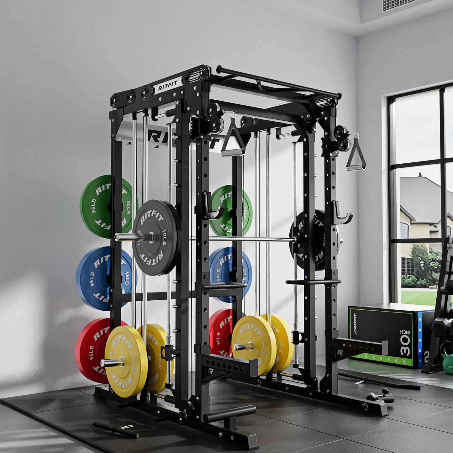 RitFit M2 Smith Machine with with Cable Crossover System, 3D Functional Trainer & Power Cage, 16 Adjustment Holes, 6 Storage Pegs for Full-Body Home Gym(M2-3D Black)