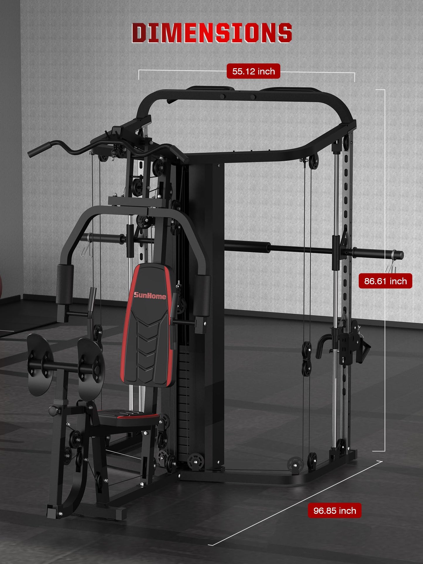 SunHome Multifunction Home Gym Equipment Workout Station, Smith Machine with 138LB Weight Stack and Bench, Leg Press, LAT Station for Full Body Training