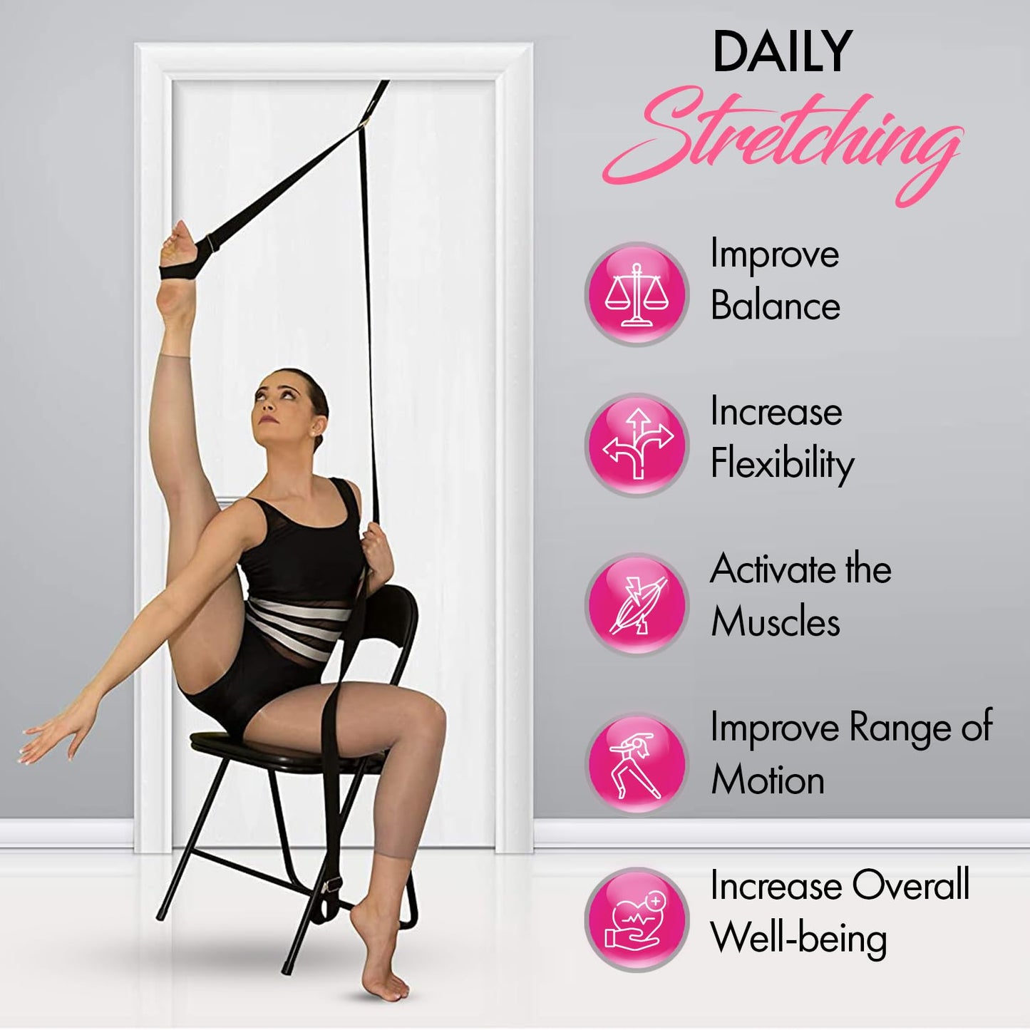 Stretching Strap With Door Anchor - Stretching Equipment to Improve Legs Flexibility - Splits Trainer For Home Ideal In Ballet, Dance, Cheerleading, Taekwondo, Yoga, Pole Dancing & Gymnastics (Black)