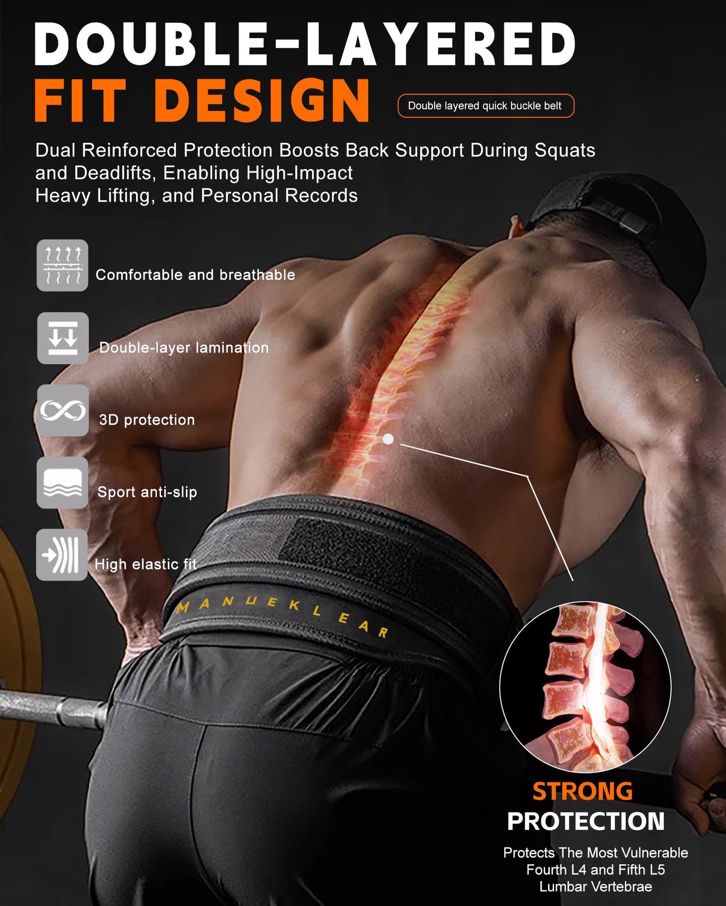 MANUEKLEAR Weight Lifting Belts for Men and Women, Gym Weight Belt with Carabiner Quick Locking, Double-Layer Weightlifting Belt for Workout Squat Powerlifting Deadlift