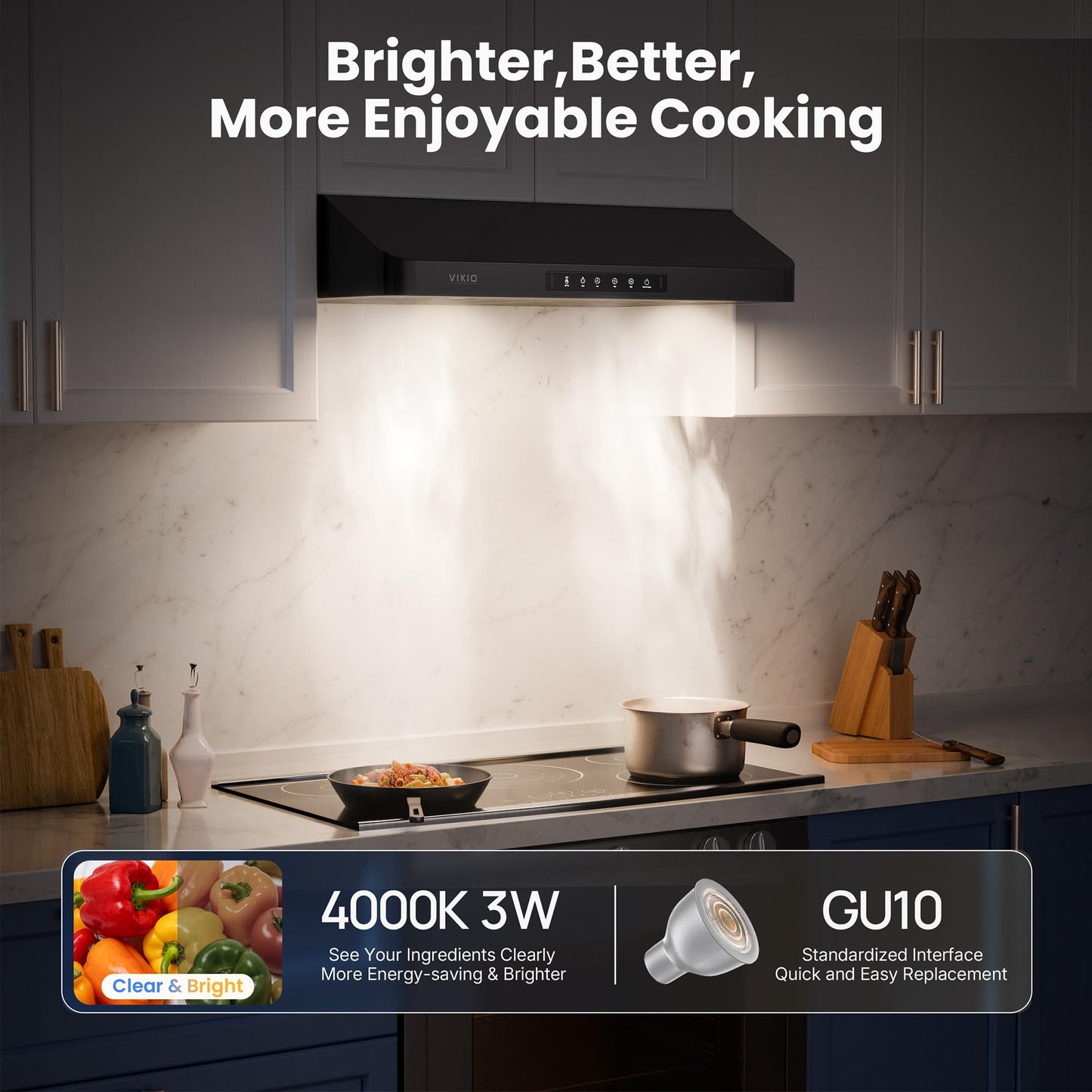 VIKIO HOME Under Cabinet Range Hood 30 Inch, 980CFM Fast Venting Ducted, Kitchen Hood With 3 Speed Gesture Sensing & Touch Control, Stainless Steel Stove Vent Hood With LED Light, Black