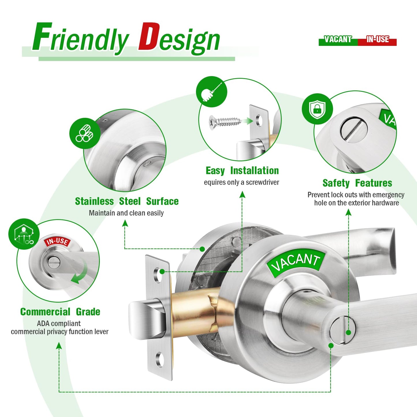 Feeloco Vacant Occupied Bathroom Door Lock - Stainless Steel Privacy Door Handle with Indicator Sign, Fits 1-3/8" to 2" Door, ANSI Grade2 Commercial Door Locks for Restroom Stall, Office, Gym (Silver)