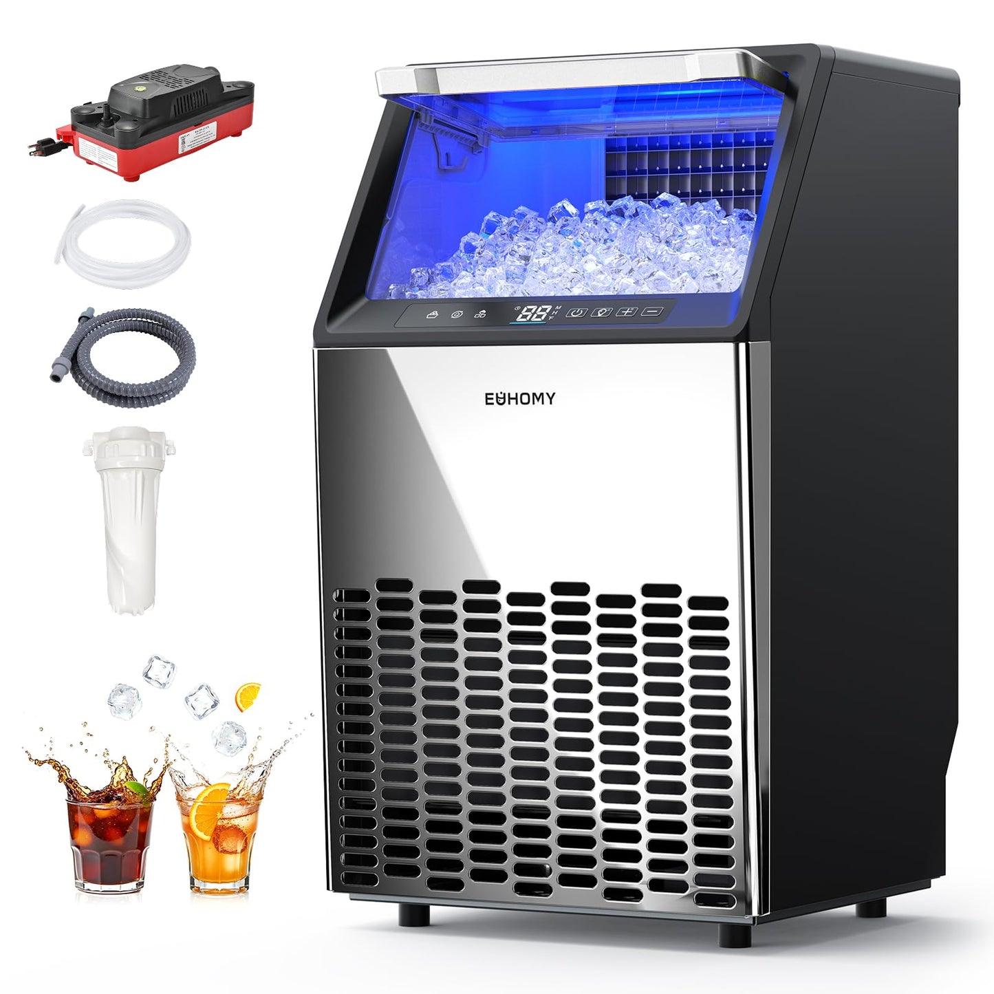EUHOMY Under Counter Ice Maker with Drain Pump, 120 lbs/24H Commercial Ice Machine, Stainless Steel Ice Maker with 33 lbs Storage Bin, Freestanding Ice Maker for Home/Bar/Cafe/Restaurant
