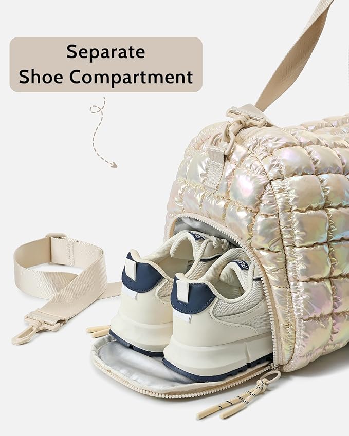 Quilted Duffel Bag for Women, Puffer Gym Duffle Bag with Shoe Compartment Lightweight Large Crossbody Sport Travel Bag Tote Beige Mermaid
