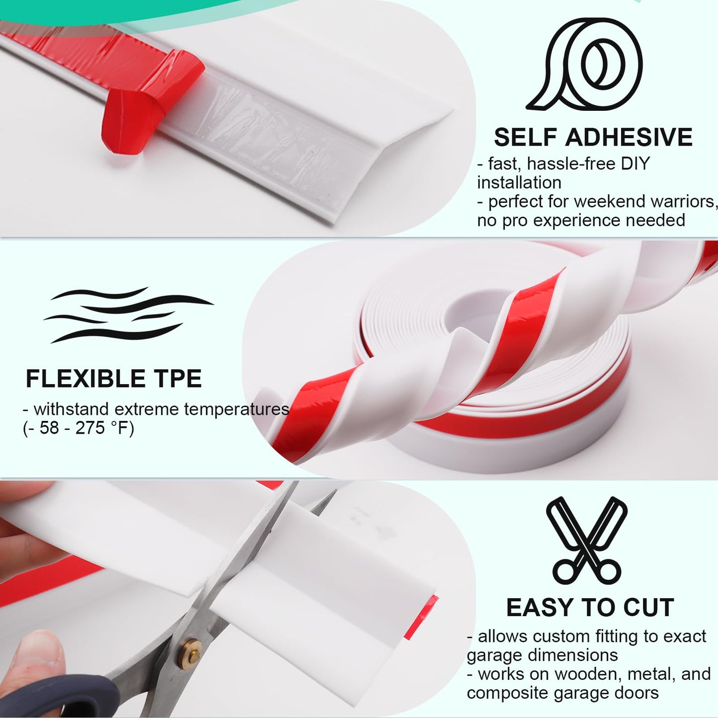 Garage Door Seal Top and Sides - Jobon 36FT White Flexible TPE Self Adhesive Weather Stripping Kit | Block Rodents Drafts Rain Dust | Easy DIY Installation Universal Replacement