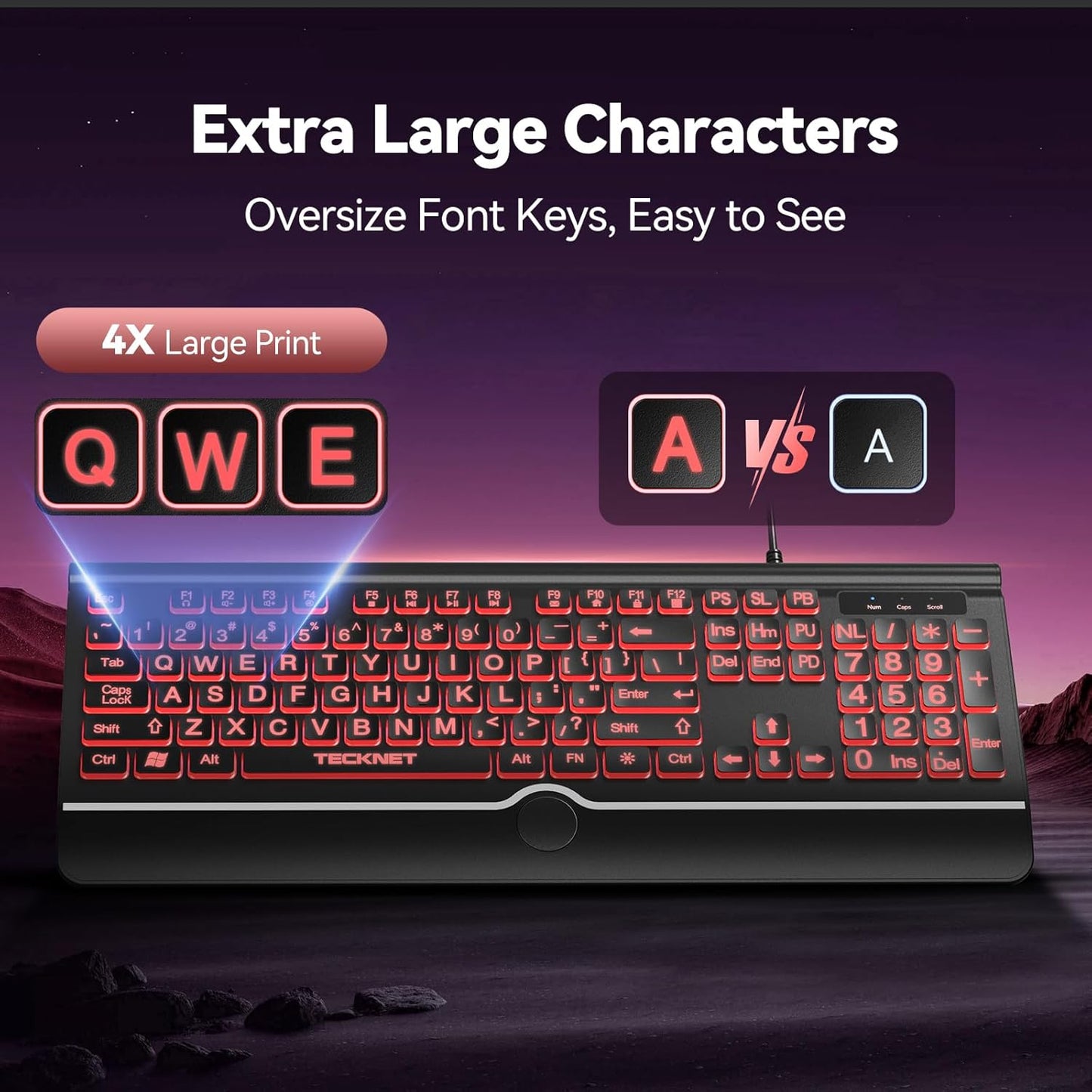 TECKNET 7-Color Large Print Backlit Keyboard, Wired USB-A Computer Keyboard with Wrist Rest, Backlit, Oversized Letter
