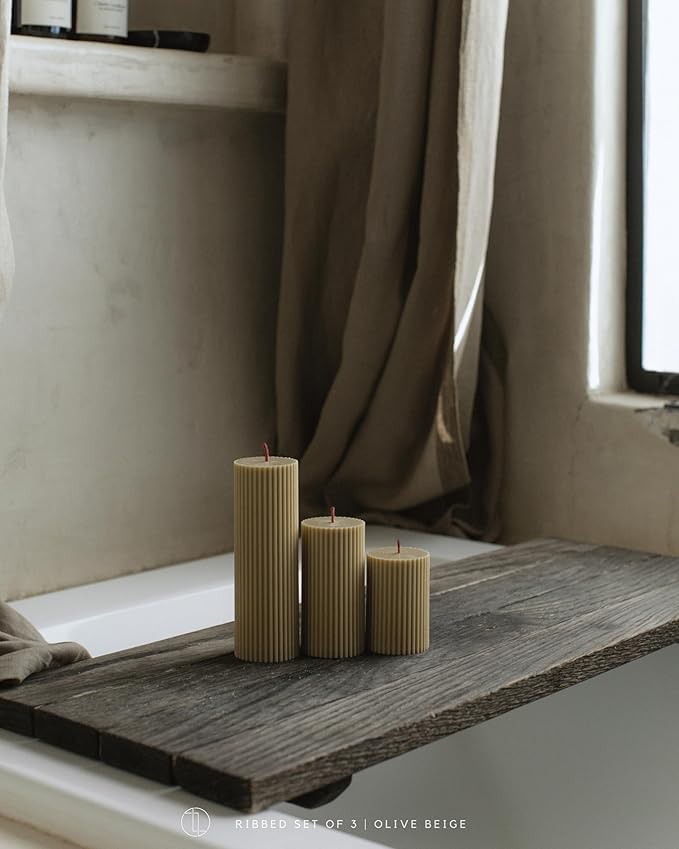 LAWA Roman Handmade Tall Ribbed Pillar Candle - Beautiful Scented Soy Wax Dinner Candle | Classic Aesthetic Decoration Set | Housewarming Gift | Home Room Shelf Decor Idea - Olive Beige (Set of 3)