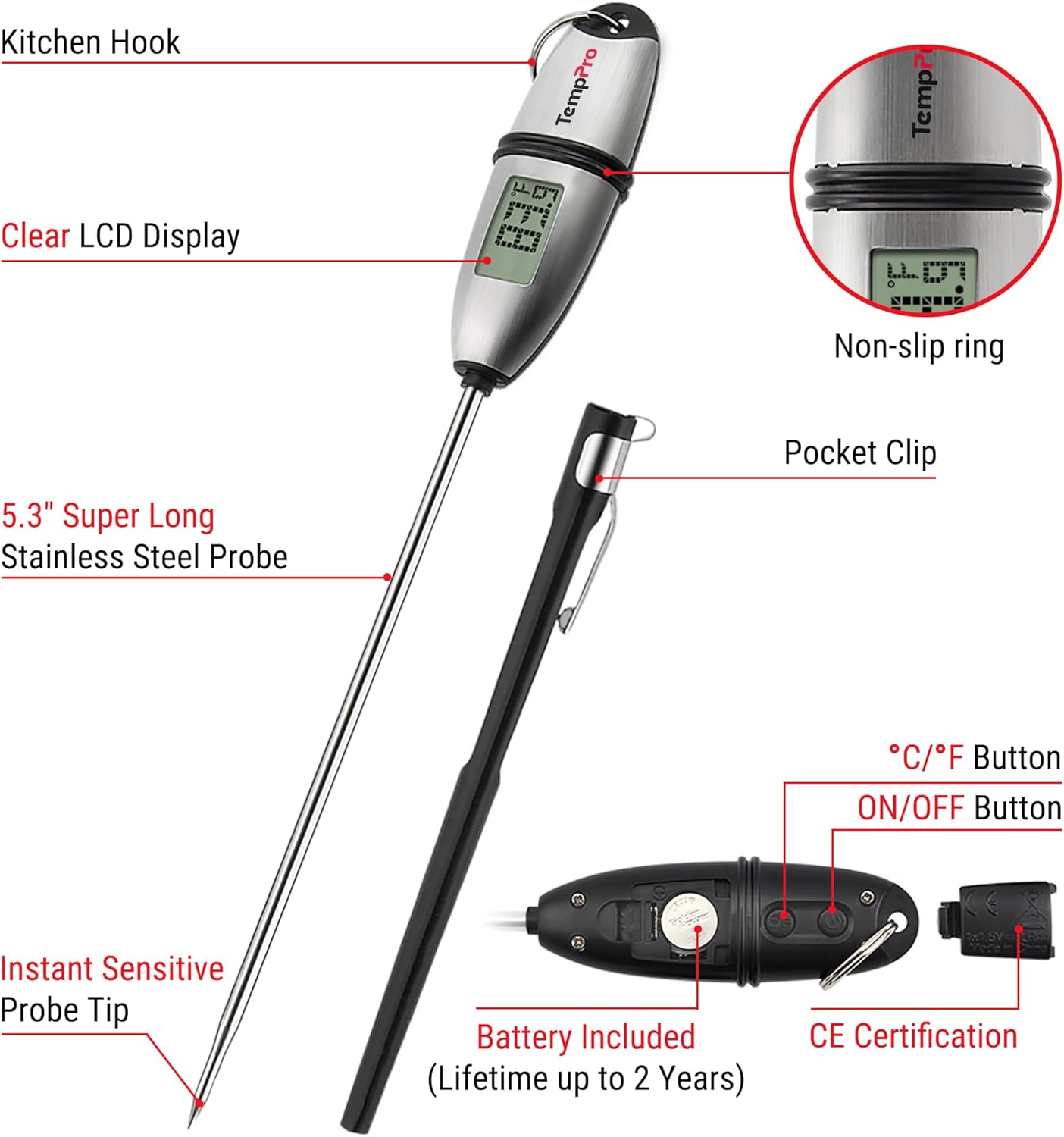 TempPro Digital Food Thermometer - Super Long Probe for Cooking, Baking, and BBQ | Ideal for Meat, Bread, and Candy