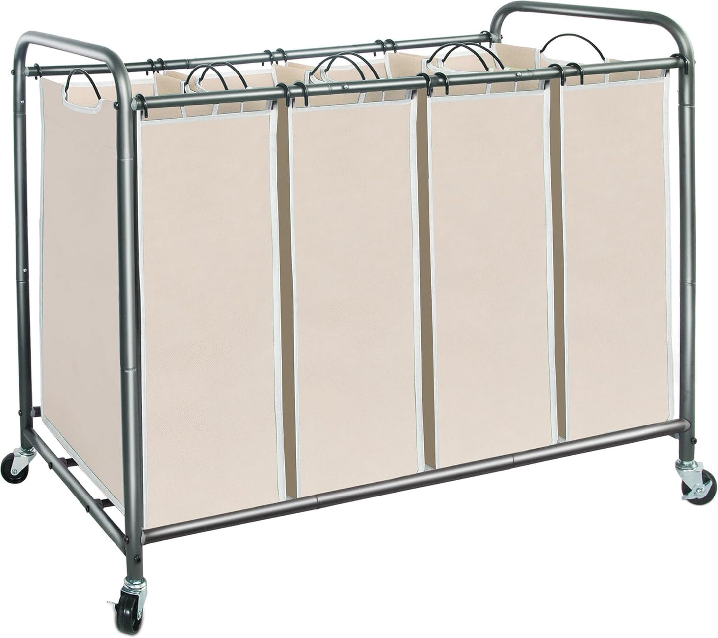 Storage Maniac Laundry Sorter - 4-Section 47.8 Gal Hamper Cart with Wheels & Removable Bags - Beige