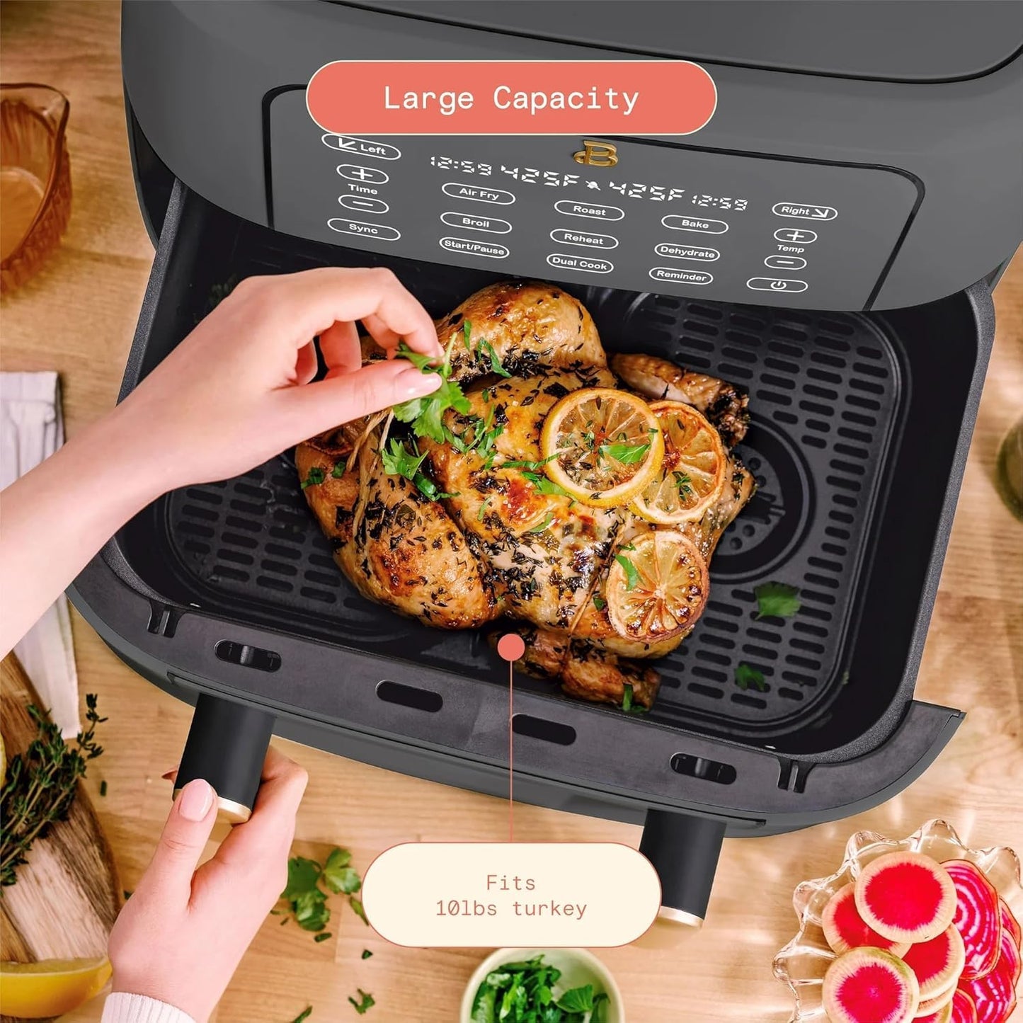 Trizone 9-Quart Dual Zone Air Fryer Exclusive with Divider & Crisper Trays, Digital Touchscreen for 2-in-1 Cooking By Drew Barrymoree (Grey)