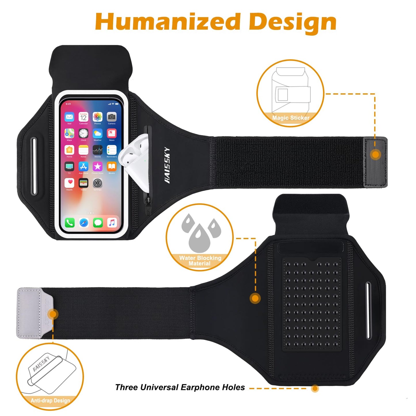 Running Armband with Earphone Bag Cell Phone Armband for iPhone 17 16 15 Pro 14 Plus 13 11 XR, Galaxy S24/S10 Water Resistant Sports Phone Holder Case & Zipper Slot Car Key Holder for 6.9 inch Phone