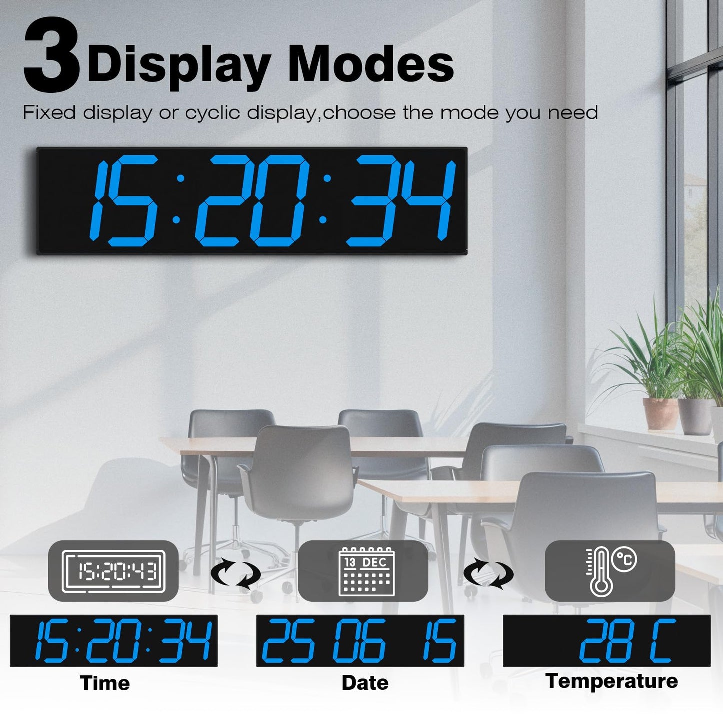 CHKOSDA Digital Wall Clock with Large Display, 28.4‘’LED 6-Digit Large Digital Clock with Adjustable Brightness, Multifunction Gym Clock with Countdown,Stopwatch and Workout Interval Timing (Blue)