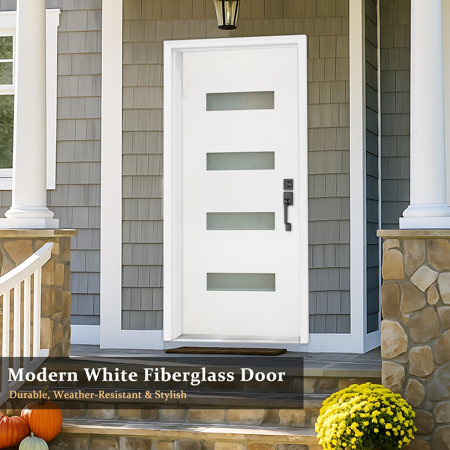 Fiberglass Exterior Front Door 36x80in, Left-Hand Inswing 4-Lite Frosted Glass White Primed Knock-Down French Entry Door with Vinyl Frame and Brickmould