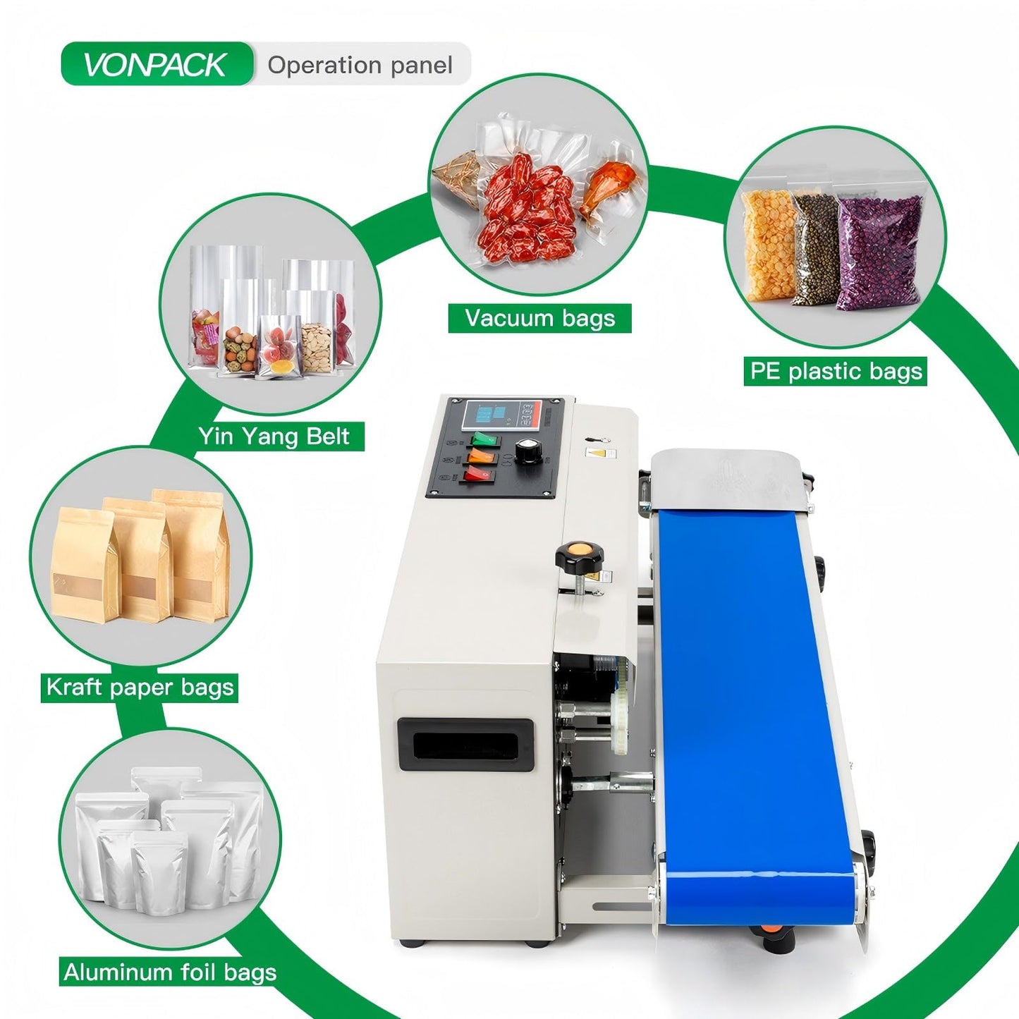 VONPACK FR-900 Automatic Continuous Band Sealing Machine, 110V Bag Sealer Industrial Factory Kitchen Packing Machine Heat Sealing Adjustable Intelligent Temp Control for Plastic Bag Food Film