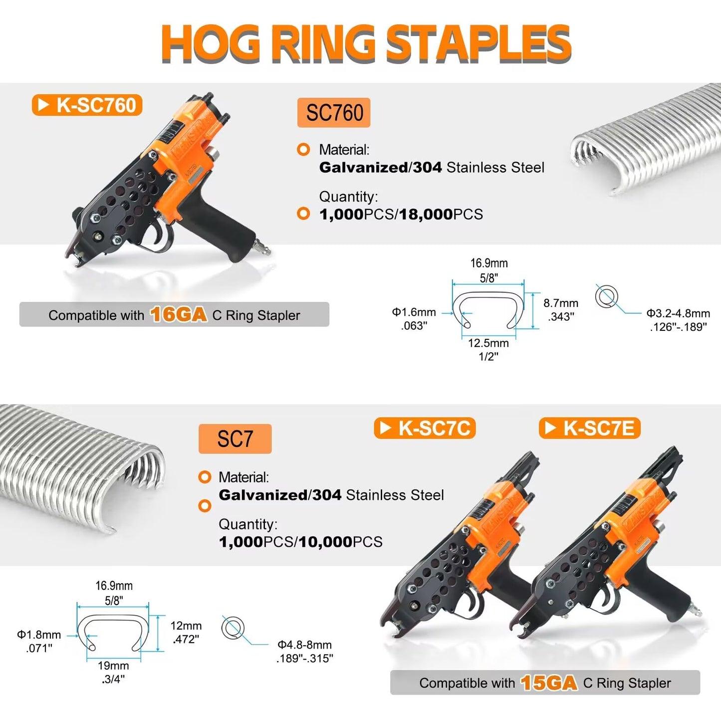 Kamsin 16 Gauge 304 Stainless Steel C-Type Hog Ring Staples, 18,000 PCS, 1/2" (12.5mm) Inner Crown, 5/8" (16.9mm) Outside Crown for Pneumatic Hog Ring Gun in Cages Building or Fastening