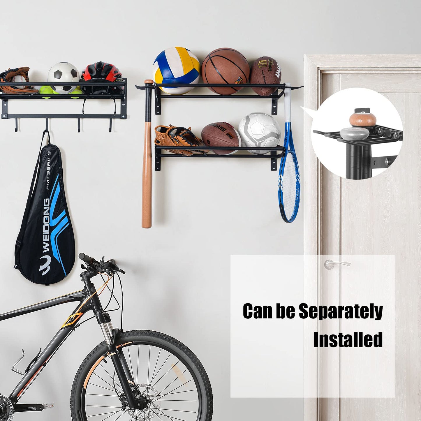 XCSOURCE Sports Equipment Organizer, 3-Tier Ball Storage Rack with Bat & Racket Holders, Wall Mounted Garage Sports Gear Storage Shelf with 4 Hooks for Balls, Helmets & Accessories (Glossy Black)