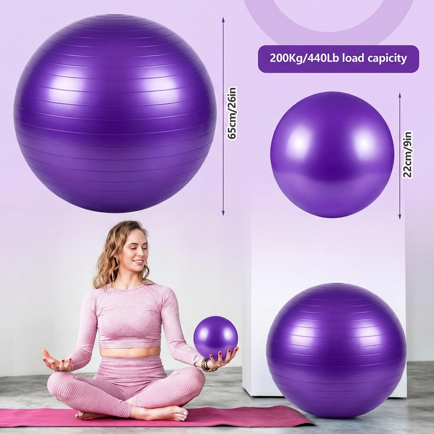 Sotiff Exercise Ball Set, Yoga Ball and Pilates Set for Workout Pregnancy Stability 23-26 Inch and 9 Inch Anti-Burst with Foot Pump for Office, Home and Gym (Purple)