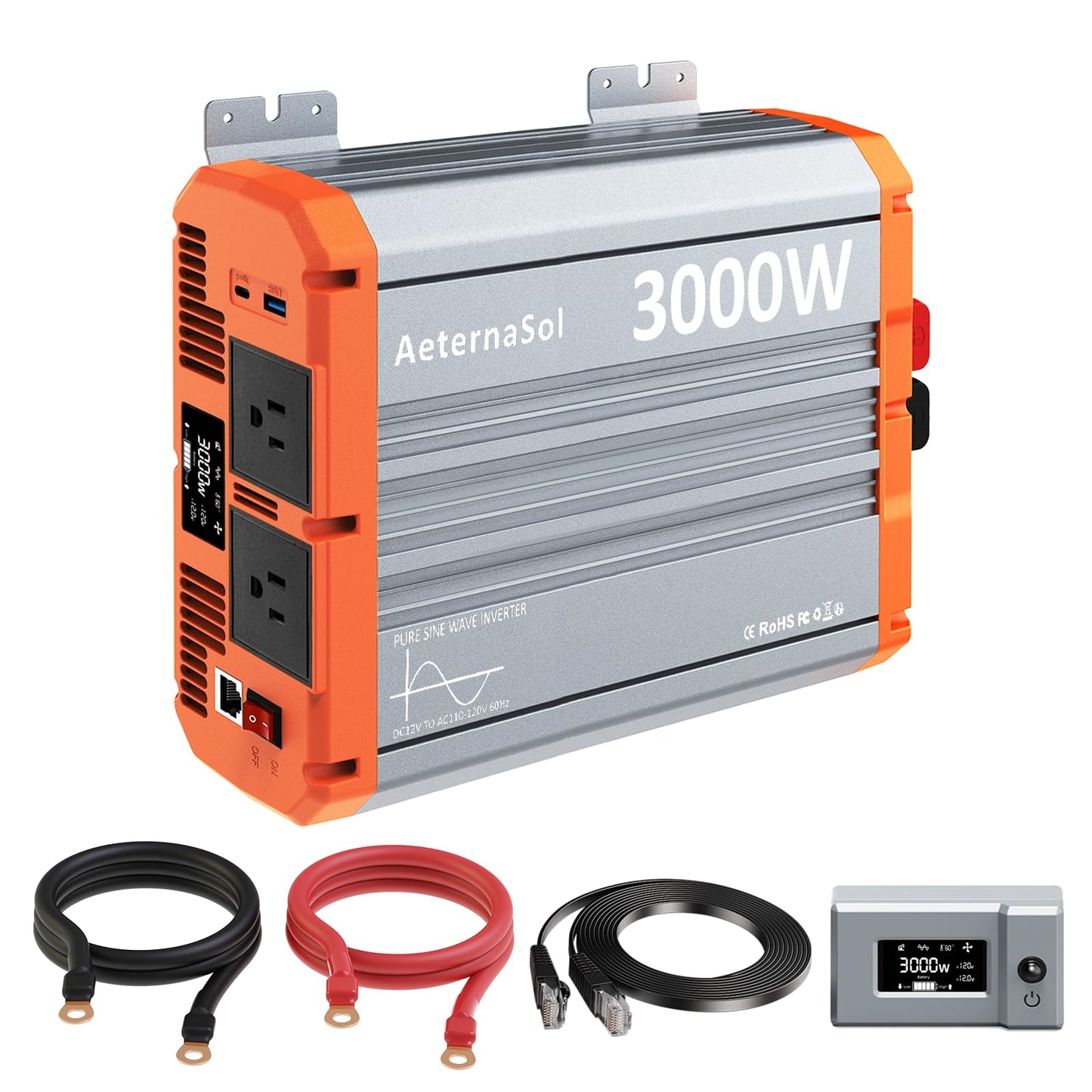 3000W Pure Sine Wave Inverter 12V DC to AC 110/120V, RV Inverter with Remote, Solar Battery Inverter 12V Inverter for Power Outage Off-grid Shed,2 Big AC Outlets,USB&USB-C 30W,2 LCD Screens,Surge6000W