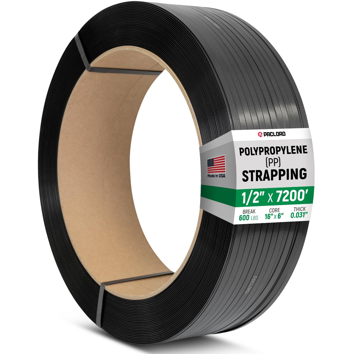 Paclord 1/2" x 7200' Heavy-Duty Polypropylene (PP) Strapping Coil - 0.031" Thick Banding Strap, 16" x 6" Core, 600 lbs Break Strength, Black - for Bundling and Packaging - Flexible, Weather Resistant